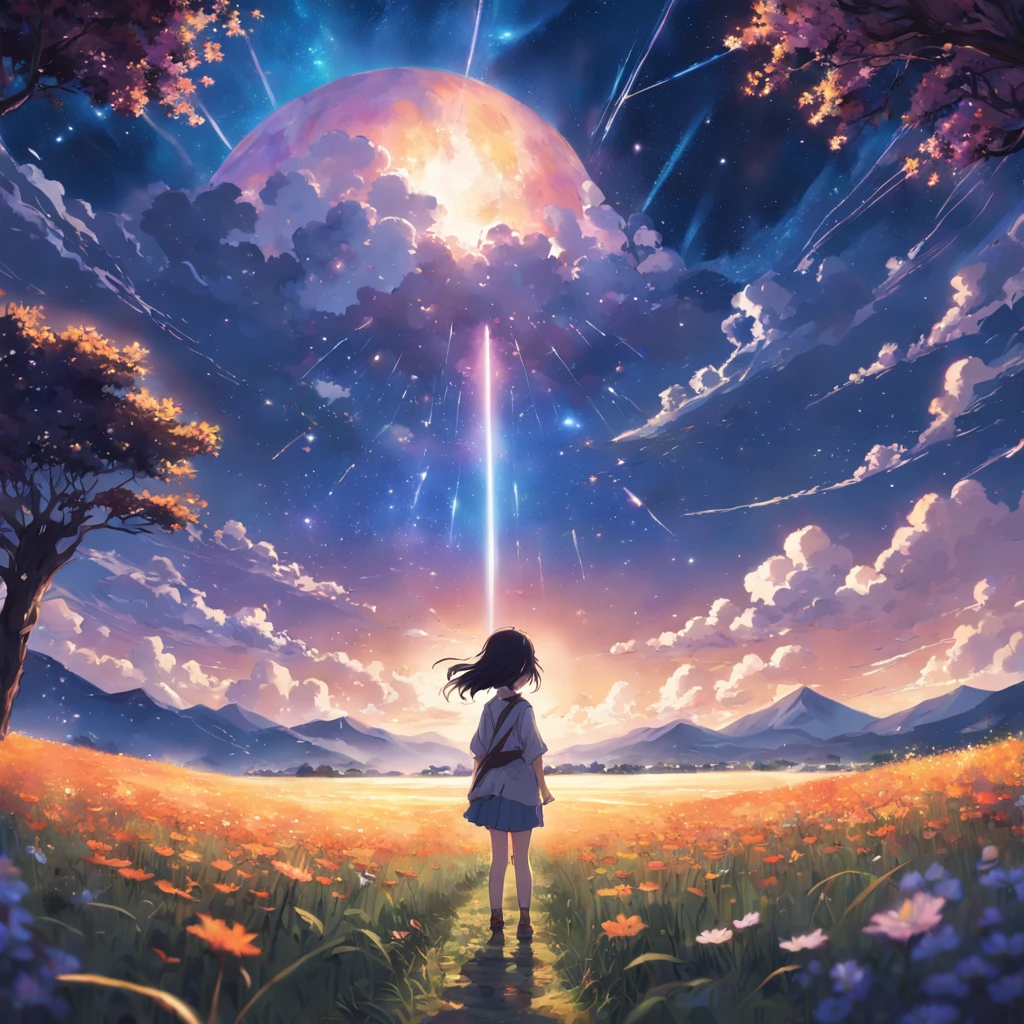 Makoto Shinkai, expansive landscape photograph , (a view from below that shows sky above and open field below), a girl standing on flower field looking up, (full moon:1.2), ( shooting stars:0.9), (nebula:1.3), distant mountain, tree BREAK production art, (warm light source:1.2), (Firefly:1.2), lamp, lot of purple and orange, intricate details, volumetric lighting BREAK (masterpiece:1.2), (best quality), 4k, ultra-detailed, (dynamic composition:1.4), highly detailed, colorful details,( iridescent colors:1.2), (glowing lighting, atmospheric lighting), dreamy, magical, (solo:1.2)
