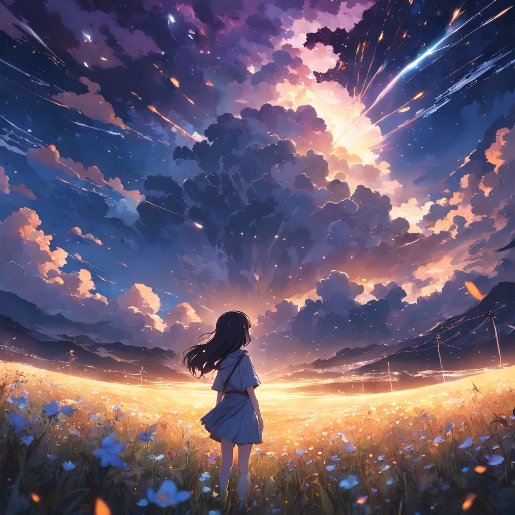 Makoto Shinkai, expansive landscape photograph , (a view from below that shows sky above and open field below), a girl standing on flower field looking up, (full moon:1.2), ( shooting stars:0.9), (nebula:1.3), distant mountain, tree BREAK production art, (warm light source:1.2), (Firefly:1.2), lamp, lot of purple and orange, intricate details, volumetric lighting BREAK (masterpiece:1.2), (best quality), 4k, ultra-detailed, (dynamic composition:1.4), highly detailed, colorful details,( iridescent colors:1.2), (glowing lighting, atmospheric lighting), dreamy, magical, (solo:1.2)