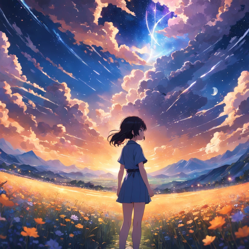 Makoto Shinkai, expansive landscape photograph , (a view from below that shows sky above and open field below), a girl standing on flower field looking up, (full moon:1.2), ( shooting stars:0.9), (nebula:1.3), distant mountain, tree BREAK production art, (warm light source:1.2), (Firefly:1.2), lamp, lot of purple and orange, intricate details, volumetric lighting BREAK (masterpiece:1.2), (best quality), 4k, ultra-detailed, (dynamic composition:1.4), highly detailed, colorful details,( iridescent colors:1.2), (glowing lighting, atmospheric lighting), dreamy, magical, (solo:1.2)