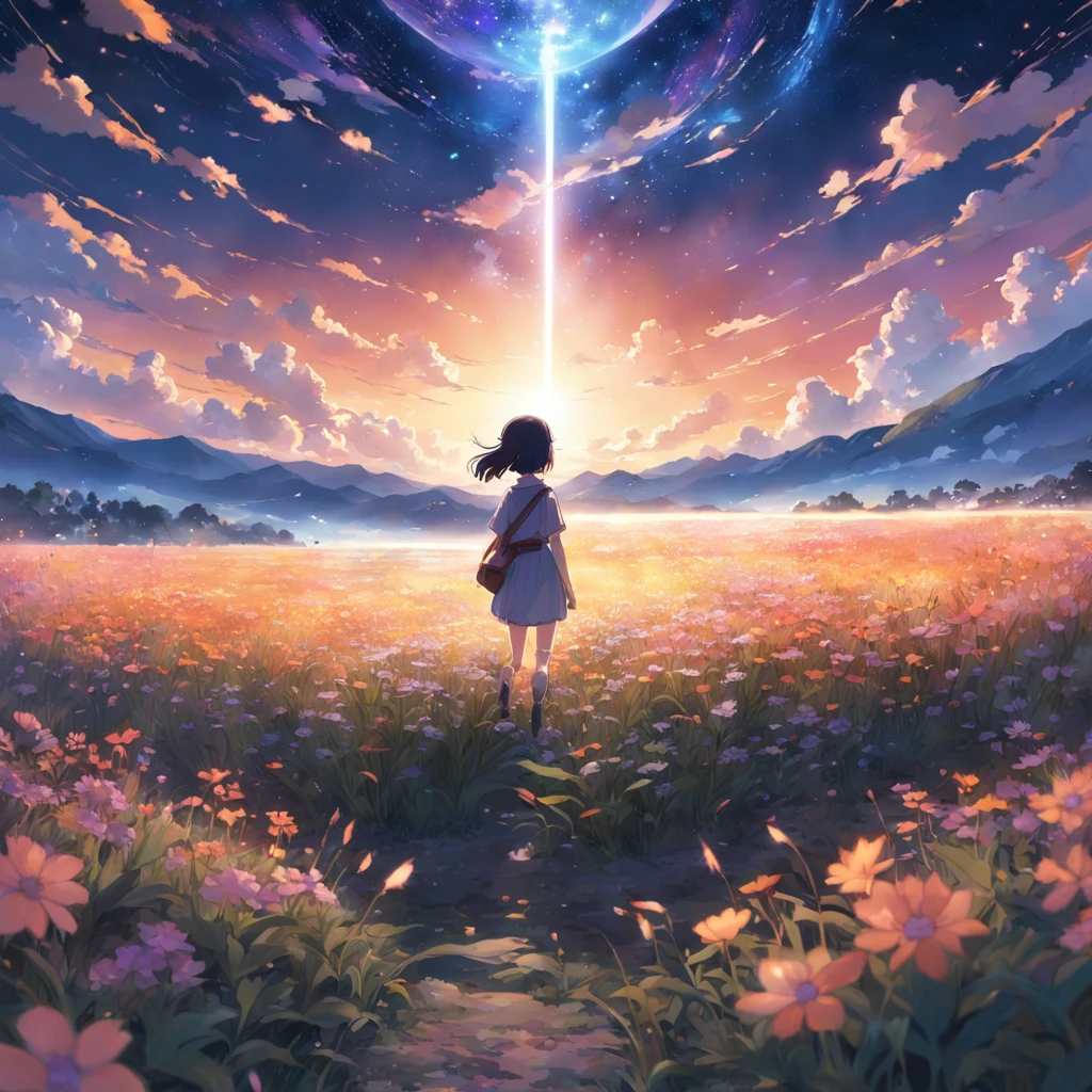 Makoto Shinkai, expansive landscape photograph , (a view from below that shows sky above and open field below), a girl standing on flower field looking up, (full moon:1.2), ( shooting stars:0.9), (nebula:1.3), distant mountain, tree BREAK production art, (warm light source:1.2), (Firefly:1.2), lamp, lot of purple and orange, intricate details, volumetric lighting BREAK (masterpiece:1.2), (best quality), 4k, ultra-detailed, (dynamic composition:1.4), highly detailed, colorful details,( iridescent colors:1.2), (glowing lighting, atmospheric lighting), dreamy, magical, (solo:1.2)