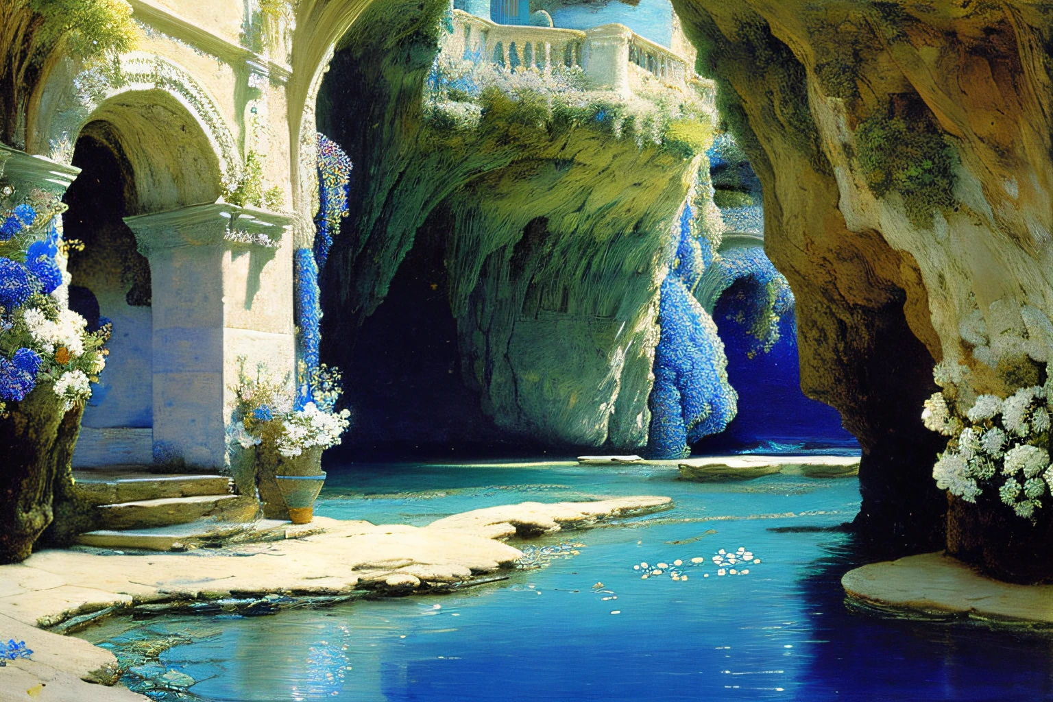 Inner cave, Cobalt Blue Ocean, fleurs, Village Alma Tadema