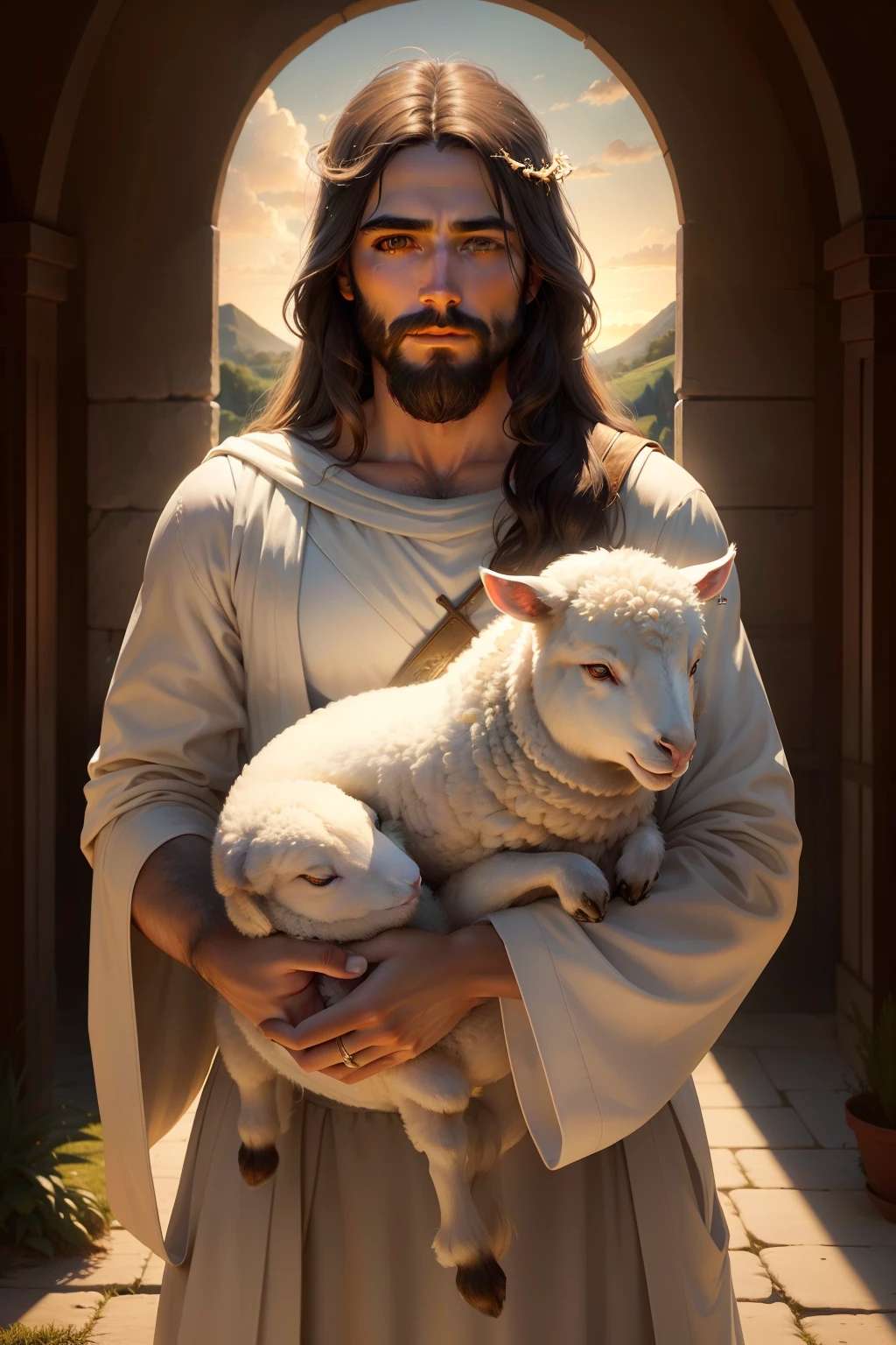 Create an ultra-realistic image of Jesus in the middle of a serene countryside. His compassionate and penetrating gaze reflects love and wisdom as he holds a lamb in his arms.. La luz dorada del atardecer ilumina su rostro sereno
