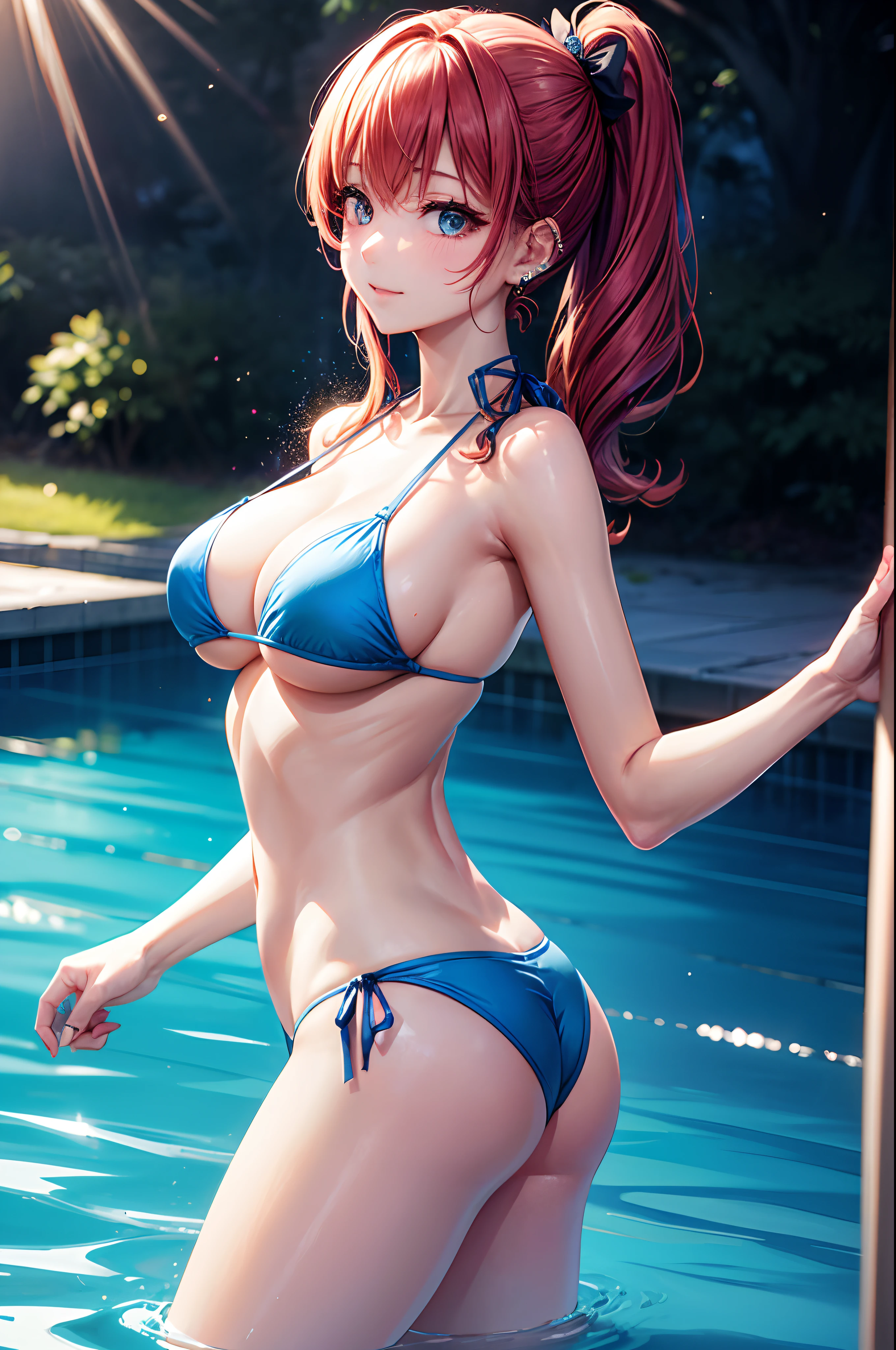 realisitic、top-quality、 1 人、20yr old、Bright flashy hair、piercings、Shy face、Fancy Bikini、beautiful boob 、sexypose、s ass、Example Pool、Particles of light、profetional lighting、blue open sky