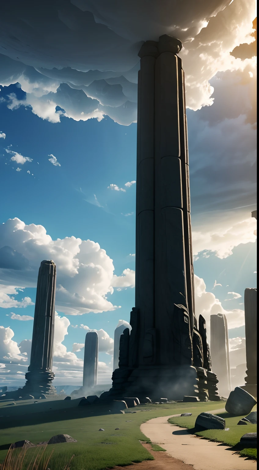 Huge stone pillars descend from the clouds,Ground with,Alien Chaos landscape,