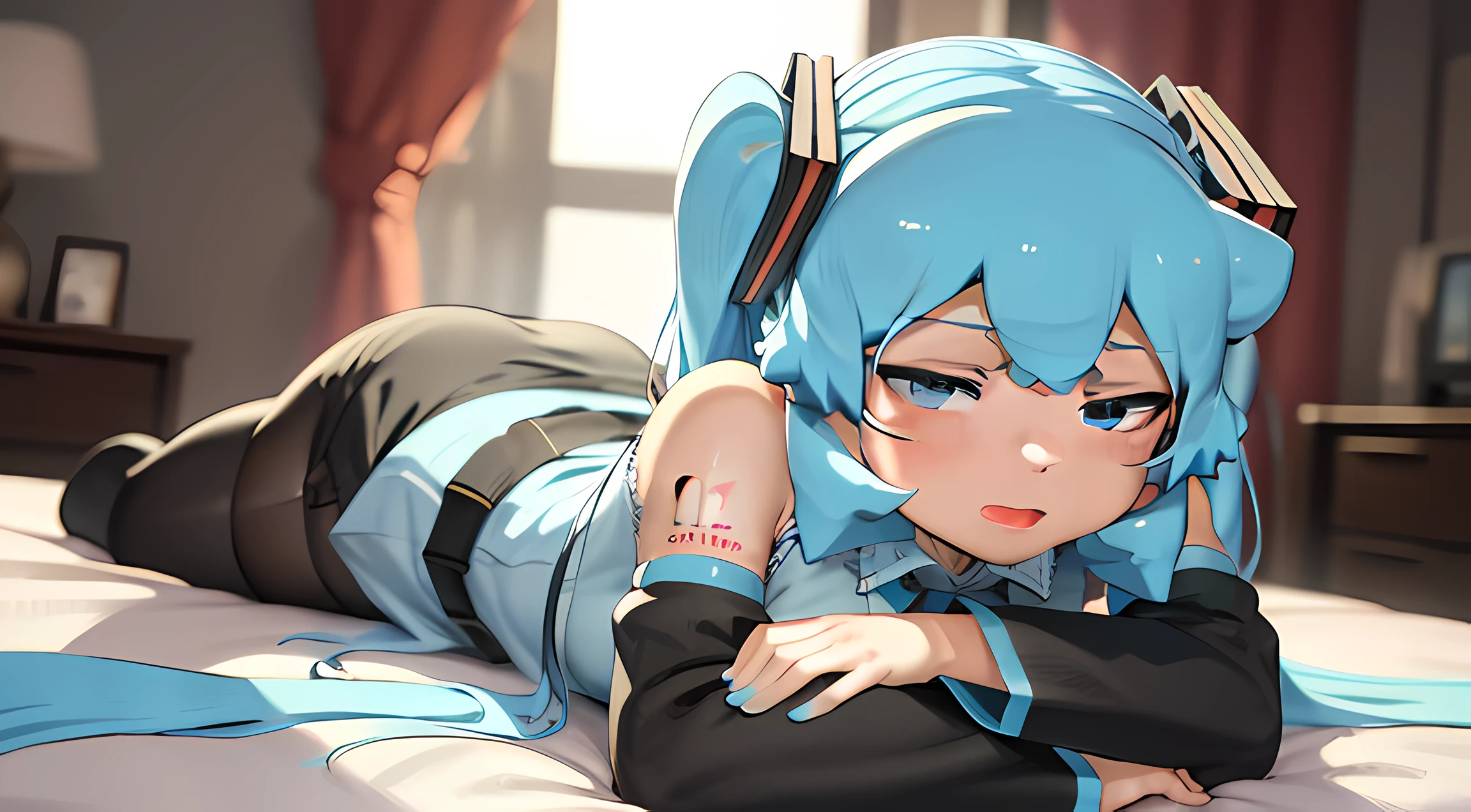 hatsune miku, camisa blanca, falda negra, en la cama, hacia atras, vista trasera, Pelo azul de cola doble, Ecchi,