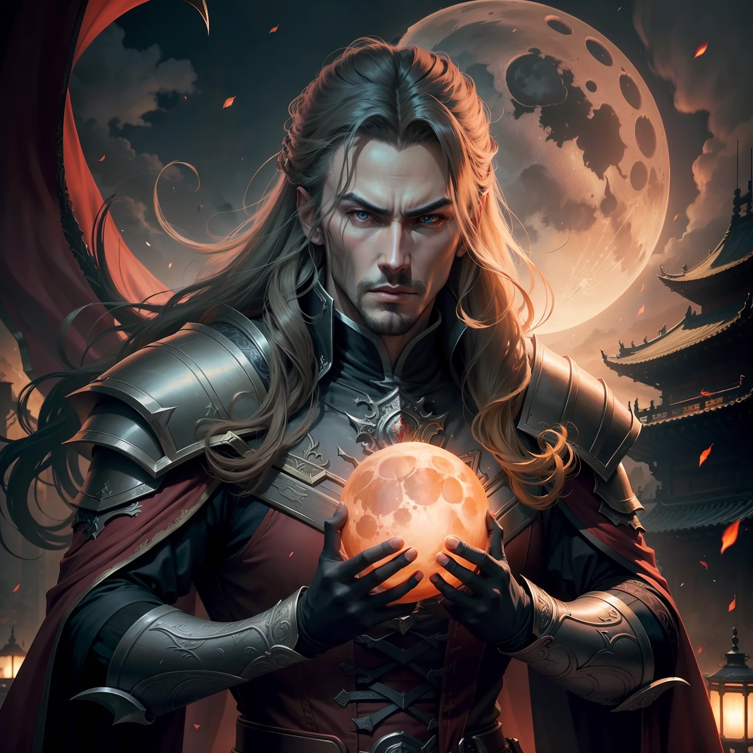 Legendary Castlevania Lord of Shadows chinese style portrait hyper realistic super detailed Dynamic pose Moon behind