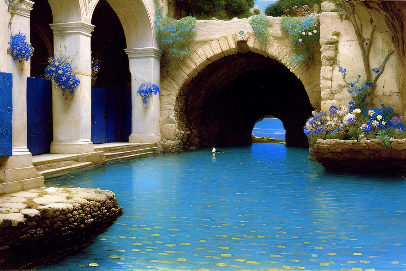 Inner cave, Cobalt Blue Ocean, fleurs, Village Alma Tadema