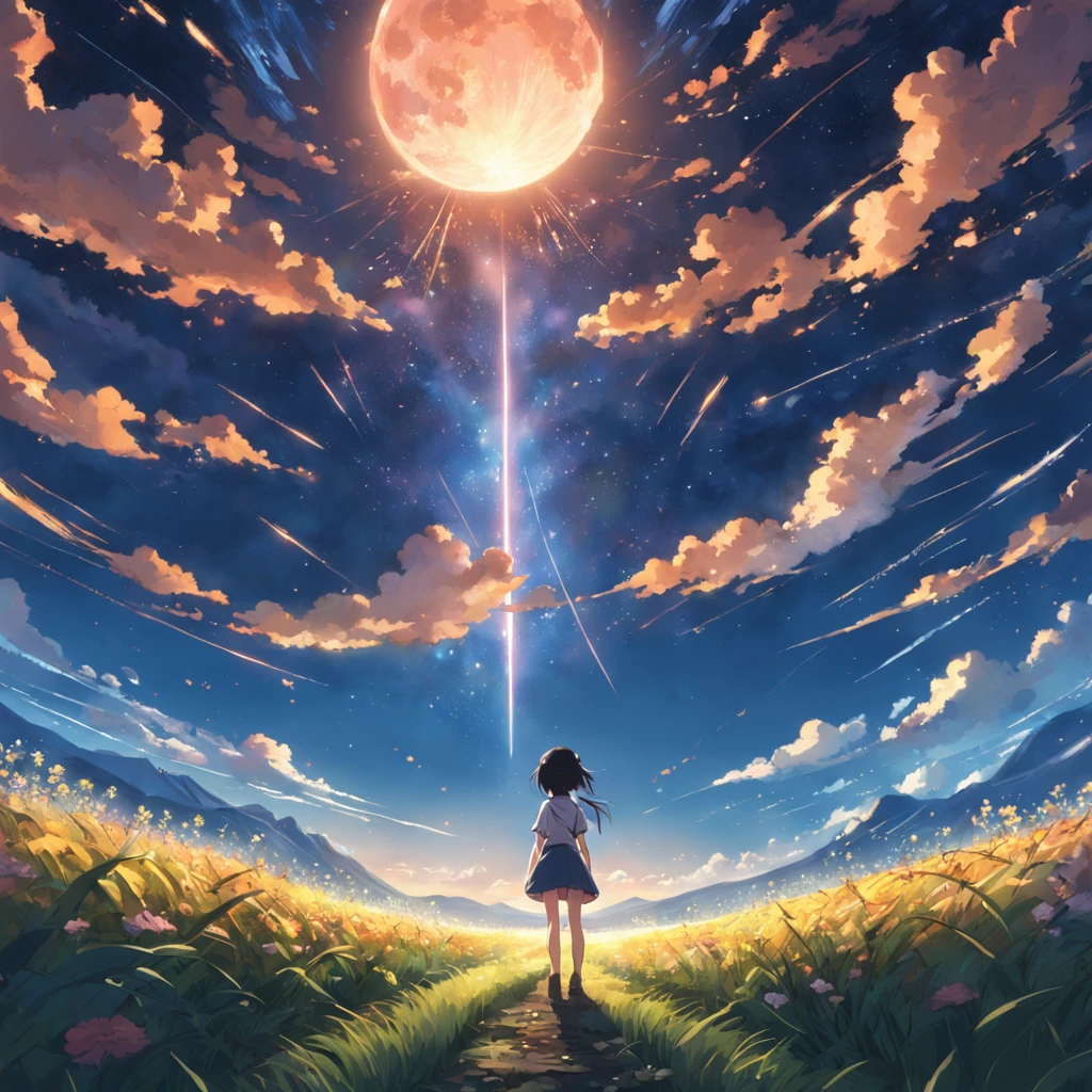 Makoto Shinkai, expansive landscape photograph , (a view from below that shows sky above and open field below), a girl standing on flower field looking up, (full moon:1.2), ( shooting stars:0.9), (nebula:1.3), distant mountain, tree BREAK production art, (warm light source:1.2), (Firefly:1.2), lamp,