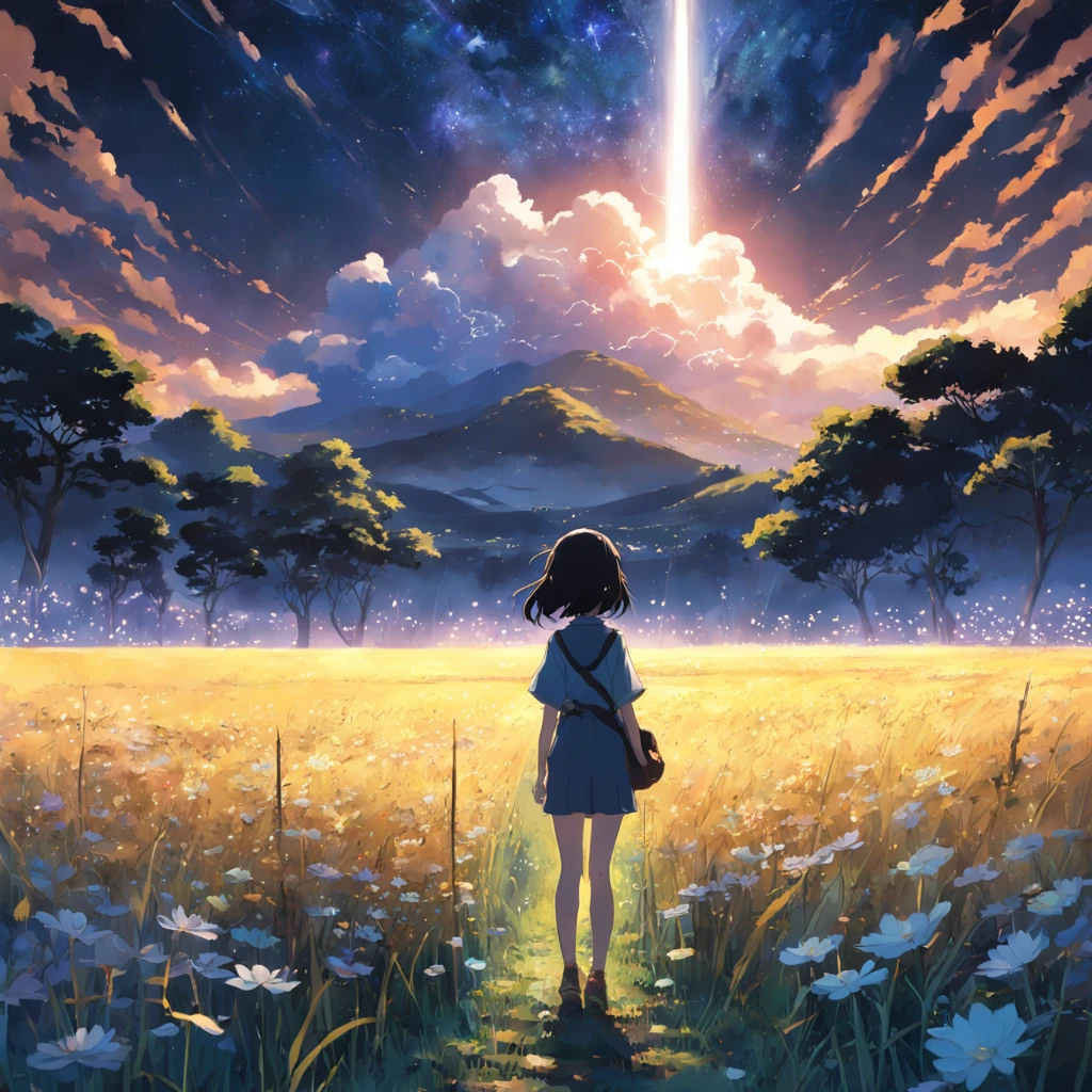 Makoto Shinkai, expansive landscape photograph , (a view from below that shows sky above and open field below), a girl standing on flower field looking up, (full moon:1.2), ( shooting stars:0.9), (nebula:1.3), distant mountain, tree BREAK production art, (warm light source:1.2), (Firefly:1.2), lamp,