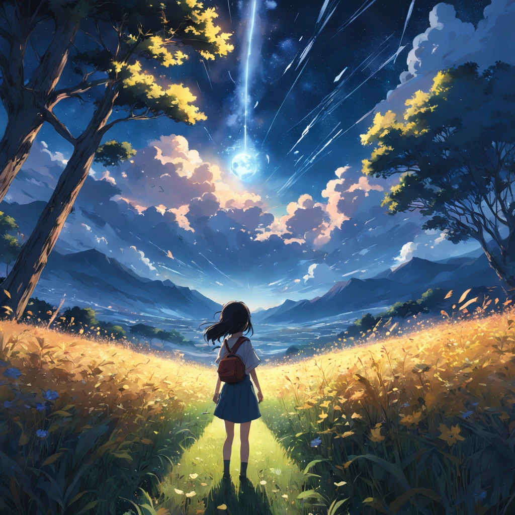 Makoto Shinkai, expansive landscape photograph , (a view from below that shows sky above and open field below), a girl standing on flower field looking up, (full moon:1.2), ( shooting stars:0.9), (nebula:1.3), distant mountain, tree BREAK production art, (warm light source:1.2), (Firefly:1.2), lamp,