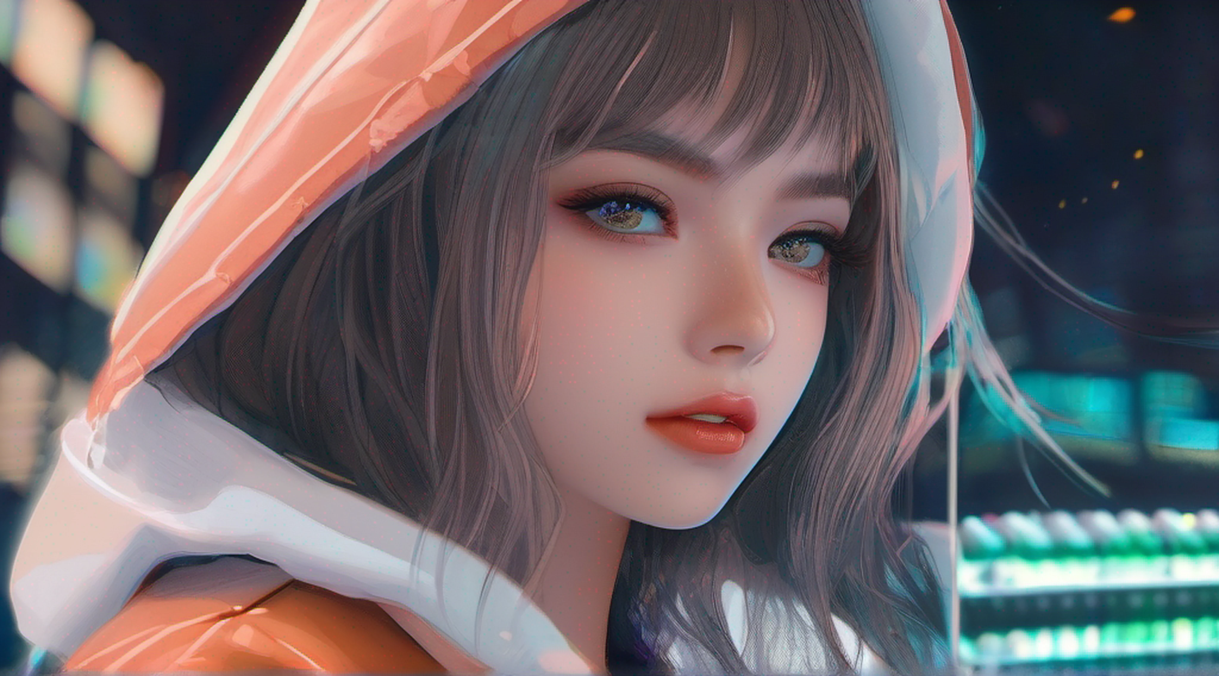 realistic,delicate, postapocalyptical setting, neon lightbeams, orange neon lights, city lights, wallpaper with neon lighting, masterpiece,depth of field ,(detailed eyes detailed pupils:1.3) caucasian, pale girl, european girl,1girl,(makeup:0.8),beautiful detailed, colourful, finely detailed, intricate details, instagram, (black hair + messy long hair 1.3), blunt bangs, (50mm Sigma f/1.4 ZEISS lens, F1.4, 1/800s, ISO 100, photograpy:1.1), (white pajamas:1.3),closed mouth, night,(,cowboy_shot, (from side:1.2),(detail fingers:1.3),1girl, full body shot, sitting, face close to viewer, legs far away from viewer, blushed cheeks, winking eye, clear eyes, big eyes, green eyes, undereyebag makeup, blush blush