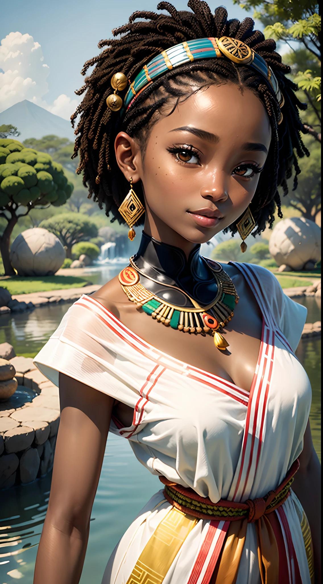 Imagine a captivating painting, sculpture, or digital artwork that celebrates the unique beauty and cultural fusion of a young girl of East Asian (Japanese) and Central African (South Sudanese) descent.
Visual Elements:
1. Portrait: Create a central focus on the girl's face, emphasizing her striking features that reflect her East Asian and Central African heritage. Illustrate her almond-shaped eyes, dark skin, nubian nose, african lip, delicate facial structure, and a warm, radiant smile, evoking a sense of grace and inner strength.
2. Cultural Attire: Dress the girl in a combination of traditional Japanese and South Sudanese garments. Combine the elegance of a Japanese kimono with vibrant and colorful fabrics found in South Sudanese cultural attire, such as a beautifully patterned headwrap or a vibrant tribal-inspired necklace. These elements should symbolize the girl's roots and honor both her ancestral lineages.
3. Symbolic Imagery: Incorporate symbolic elements that represent the merging of Japanese and South Sudanese cultures. For example, in the background, include cherry blossom trees, symbolizing Japan's beauty and transience, gently blending with African baobab trees, representing longevity and strength. Additionally, consider incorporating other symbolic elements like koi fish swimming alongside African wildlife, signifying the coexistence of two vibrant ecosystems.
4. Background: Set the artwork against a backdrop that blends elements from both East Asian and Central African landscapes. Merge elements like serene Japanese gardens, with their meticulous arrangements of stones and water features, alongside vast African savannahs with silhouettes of animals like elephants or giraffes. This integration showcases the harmony between different natural environments, mirroring the girl's harmonious heritage