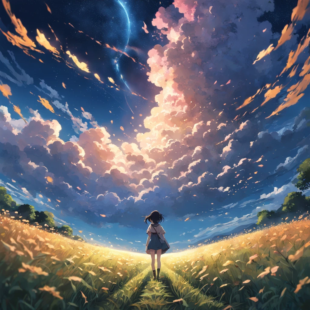 Makoto Shinkai, expansive landscape photograph , (a view from below that shows sky above and open field below), a girl standing on flower field looking up, (full moon:1.2), ( shooting stars:0.9), (nebula:1.3), distant mountain, tree BREAK production art, (warm light source:1.2), (Firefly:1.2), lamp,