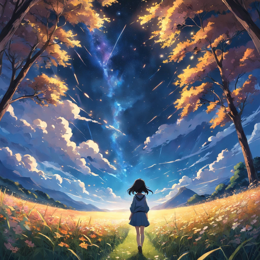Makoto Shinkai, expansive landscape photograph , (a view from below that shows sky above and open field below), a girl standing on flower field looking up, (full moon:1.2), ( shooting stars:0.9), (nebula:1.3), distant mountain, tree BREAK production art, (warm light source:1.2), (Firefly:1.2), lamp,