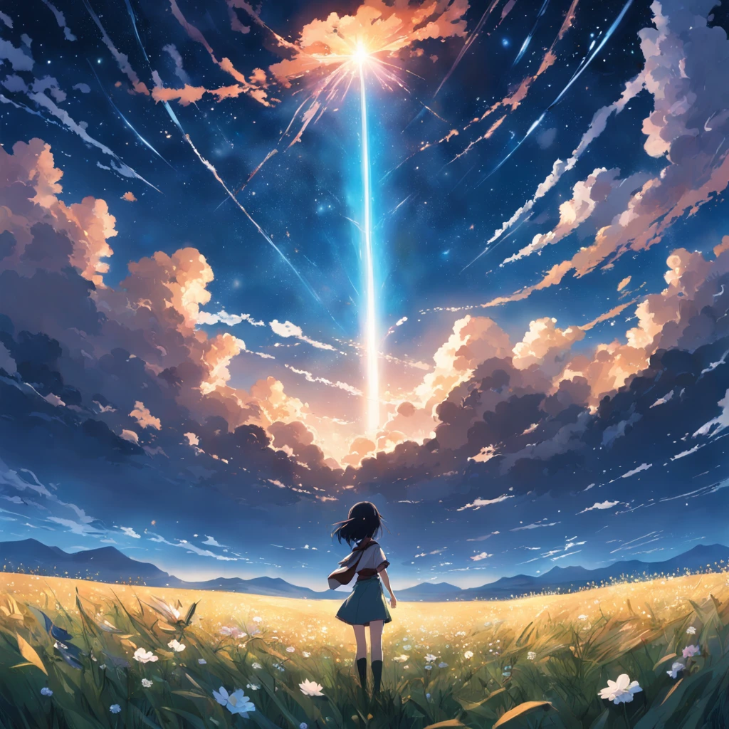 Makoto Shinkai, expansive landscape photograph , (a view from below that shows sky above and open field below), a girl standing on flower field looking up, (full moon:1.2), ( shooting stars:0.9), (nebula:1.3), distant mountain, tree BREAK production art, (warm light source:1.2), (Firefly:1.2), lamp,