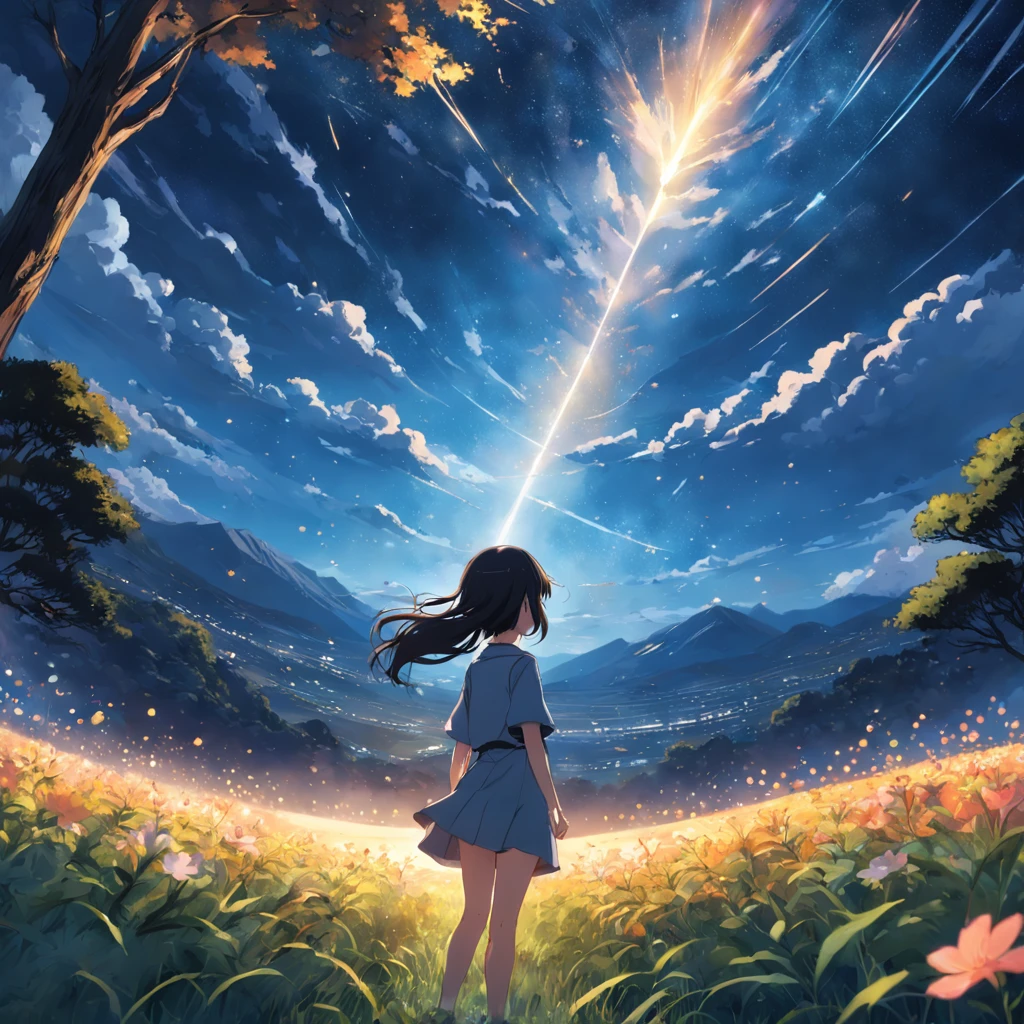 Makoto Shinkai, expansive landscape photograph , (a view from below that shows sky above and open field below), a girl standing on flower field looking up, (full moon:1.2), ( shooting stars:0.9), (nebula:1.3), distant mountain, tree BREAK production art, (warm light source:1.2), (Firefly:1.2), lamp,