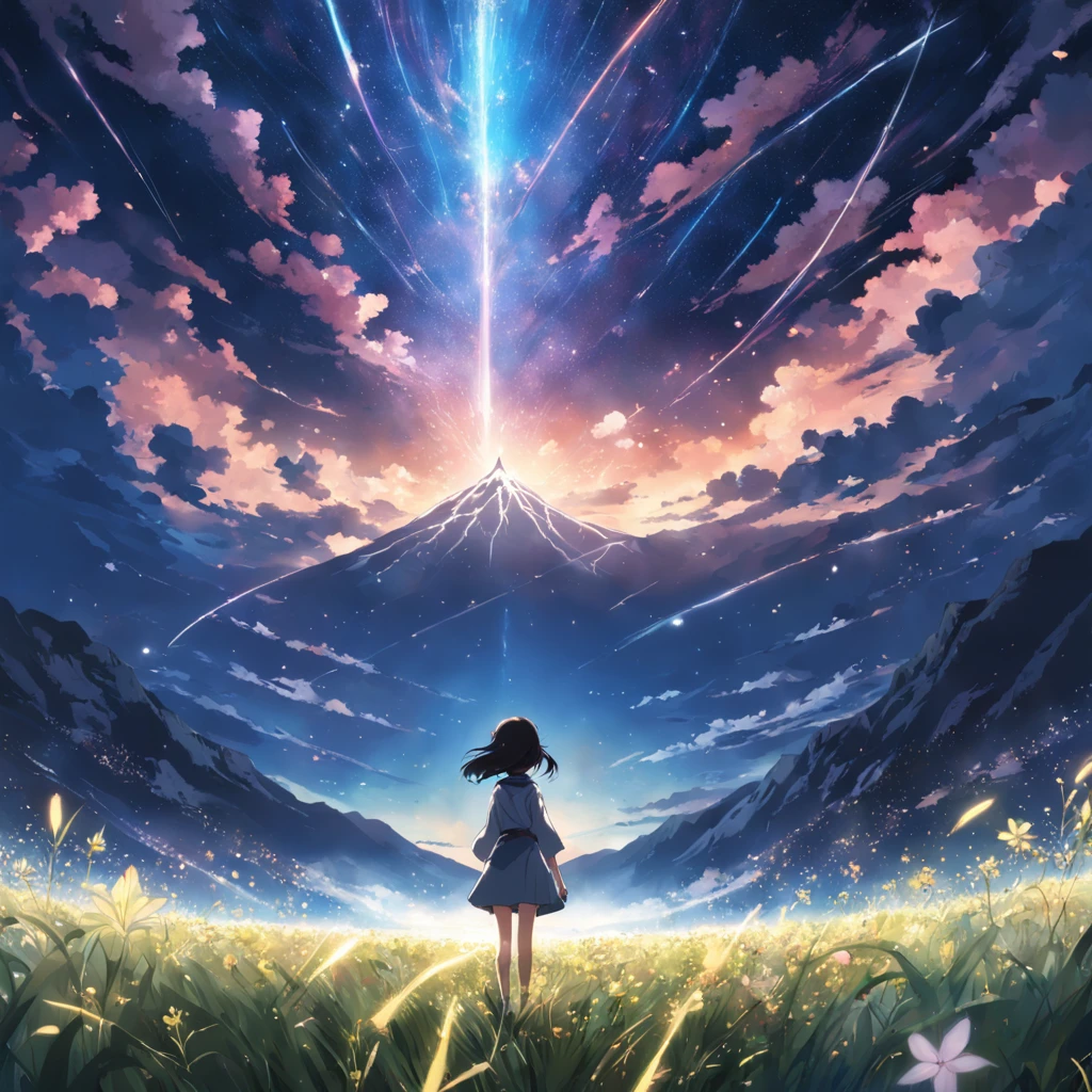 Makoto Shinkai, expansive landscape photograph , (a view from below that shows sky above and open field below), a girl standing on flower field looking up, ( shooting stars:0.9), (nebula:1.3), distant mountain, tree BREAK production art, (warm light source:1.2), (Firefly:1.2), lamp,