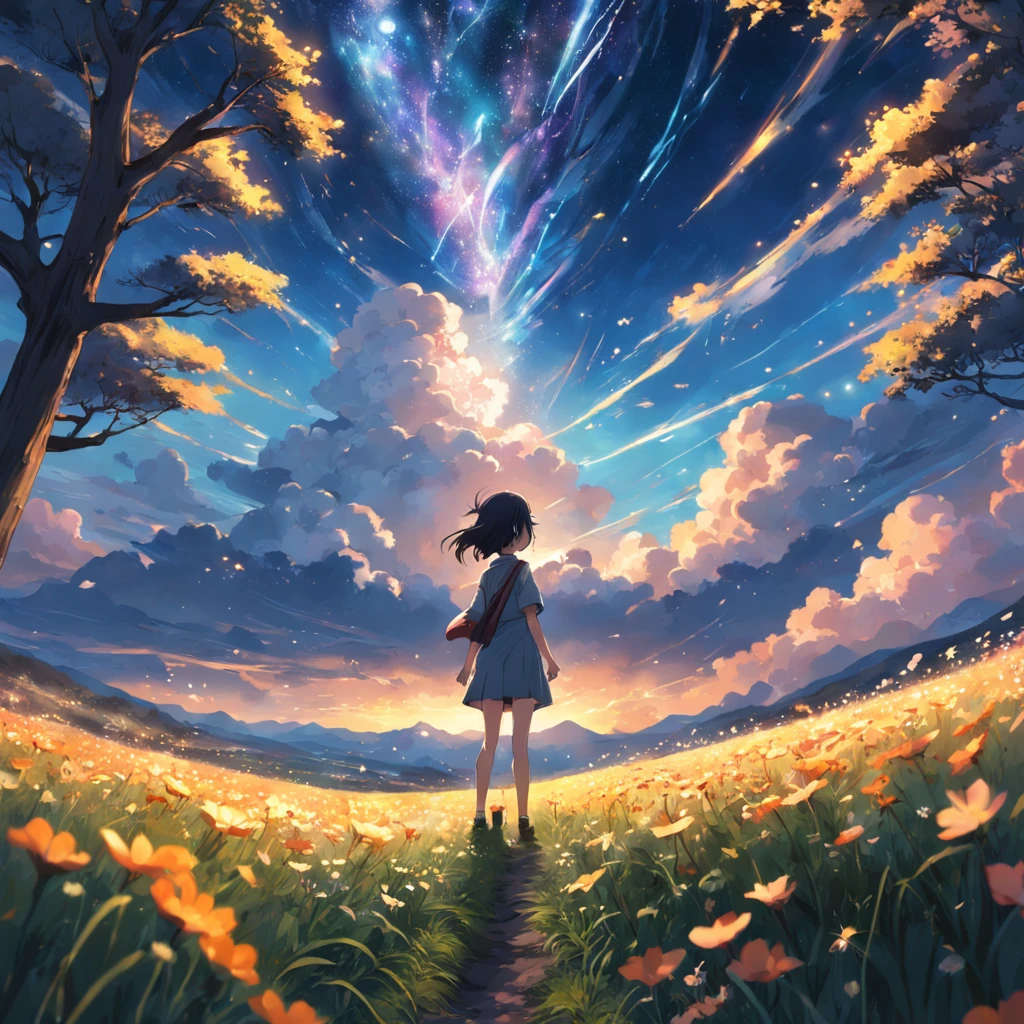 Makoto Shinkai, expansive landscape photograph , (a view from below that shows sky above and open field below), a girl standing on flower field looking up, ( shooting stars:0.9), (nebula:1.3), distant mountain, tree BREAK production art, (warm light source:1.2), (Firefly:1.2), lamp,