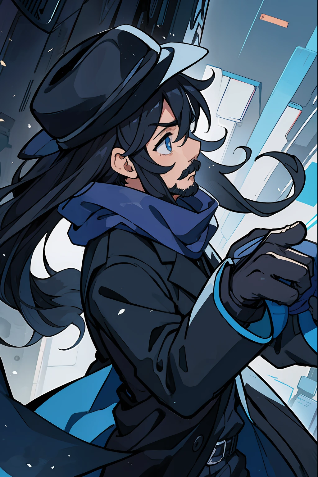 anime, man, blue scarf, moustache, fedora, profile, black suit, black overcoat, long hair, tiny beard, black gloves