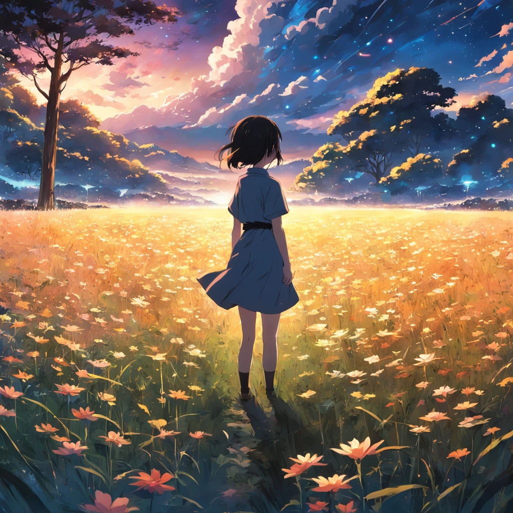 Makoto Shinkai, expansive landscape photograph , (a view from below that shows sky above and open field below), a girl standing on flower field looking up,  ( shooting stars:0.9), (nebula:1.3), distant mountain, tree BREAK production art, (warm light source:1.2), (Firefly:1.2), lamp,