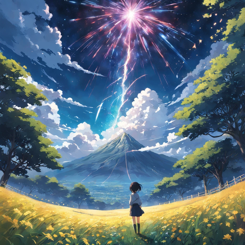 Makoto Shinkai, expansive landscape photograph , (a view from below that shows sky above and open field below), a girl standing on flower field looking up, ( shooting stars:0.9), (nebula:1.3), distant mountain, tree BREAK production art, (warm light source:1.2), (Firefly:1.2), lamp,