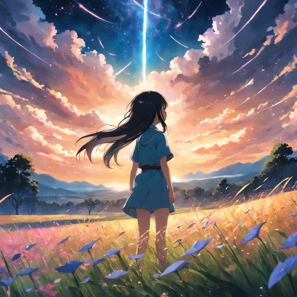 Makoto Shinkai, expansive landscape photograph , (a view from below that shows sky above and open field below), a girl standing on flower field looking up, ( shooting stars:0.9), (nebula:1.3), distant mountain, tree BREAK production art, (warm light source:1.2), (Firefly:1.2), lamp,