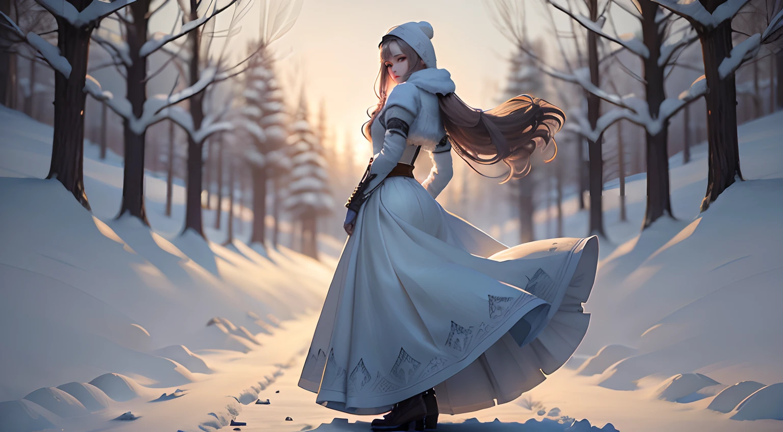 Snowy view of a woman in a white dress and hat in a snowy forest, Arte conceitual de inverno, 2. 5 D CGI anime fantasy artwork, Fantasy art style, Beautiful digital artwork, winter princess, Fanart Meilleure ArtStation, Guviz-style artwork, advanced digital anime art, beautiful full-body concept art, Epic fantasy art style, Anime fantasy illustration