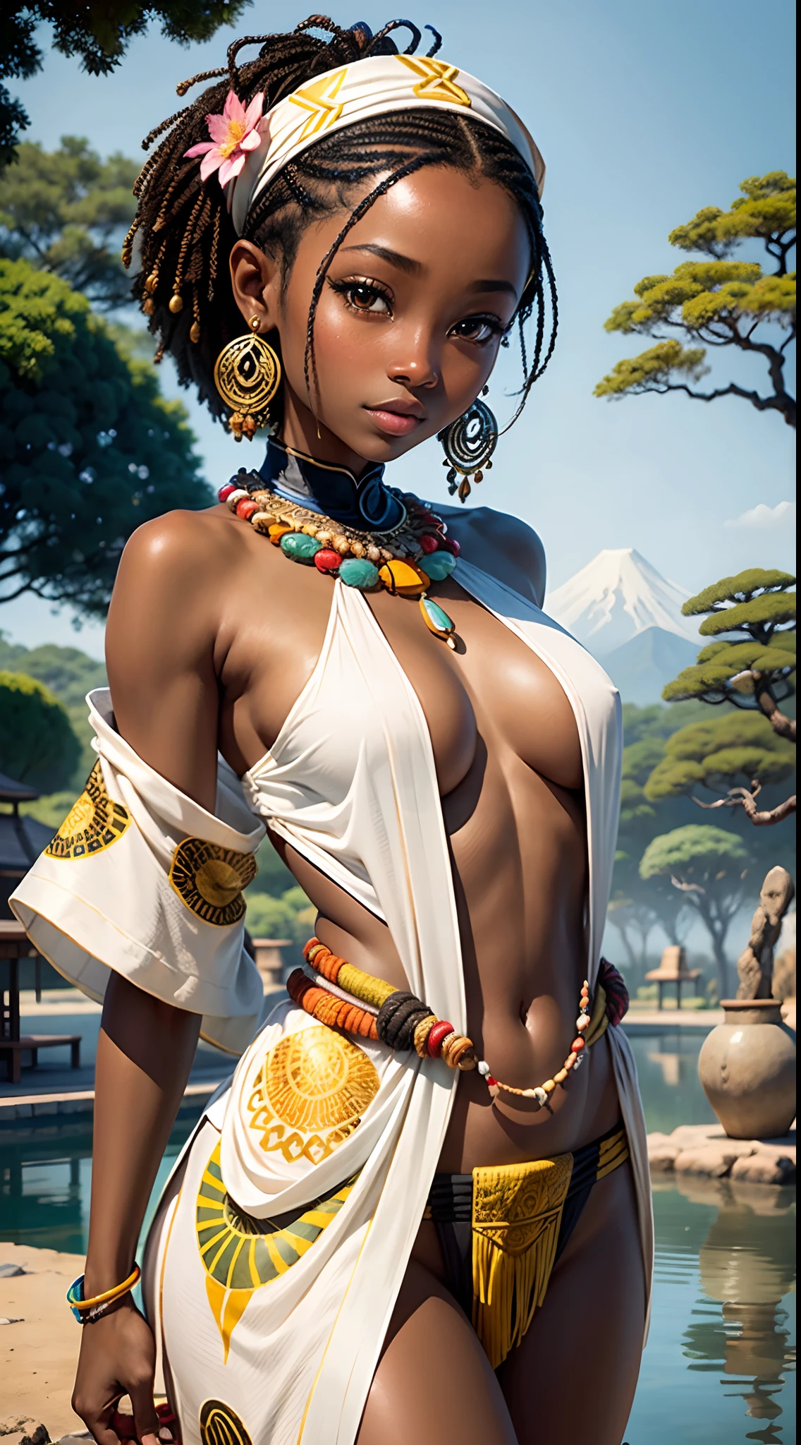 Imagine a captivating painting, sculpture, or digital artwork that celebrates the unique beauty and cultural fusion of a young girl of East Asian (Japanese) and Central African (South Sudanese) descent.
Visual Elements:
1. Portrait: Create a central focus on the girl's face, emphasizing her striking features that reflect her East Asian and Central African heritage. Illustrate her almond-shaped eyes, dark skin, nubian nose, african lip, delicate facial structure, and a warm, radiant smile, evoking a sense of grace and inner strength.
2. Cultural Attire: Dress the girl in a combination of traditional Japanese and South Sudanese garments. Combine the elegance of a Japanese kimono with vibrant and colorful fabrics found in South Sudanese cultural attire, such as a beautifully patterned headwrap or a vibrant tribal-inspired necklace. These elements should symbolize the girl's roots and honor both her ancestral lineages.
3. Symbolic Imagery: Incorporate symbolic elements that represent the merging of Japanese and South Sudanese cultures. For example, in the background, include cherry blossom trees, symbolizing Japan's beauty and transience, gently blending with African baobab trees, representing longevity and strength. Additionally, consider incorporating other symbolic elements like koi fish swimming alongside African wildlife, signifying the coexistence of two vibrant ecosystems.
4. Background: Set the artwork against a backdrop that blends elements from both East Asian and Central African landscapes. Merge elements like serene Japanese gardens, with their meticulous arrangements of stones and water features, alongside vast African savannahs with silhouettes of animals like elephants or giraffes. This integration showcases the harmony between different natural environments, mirroring the girl's harmonious heritage