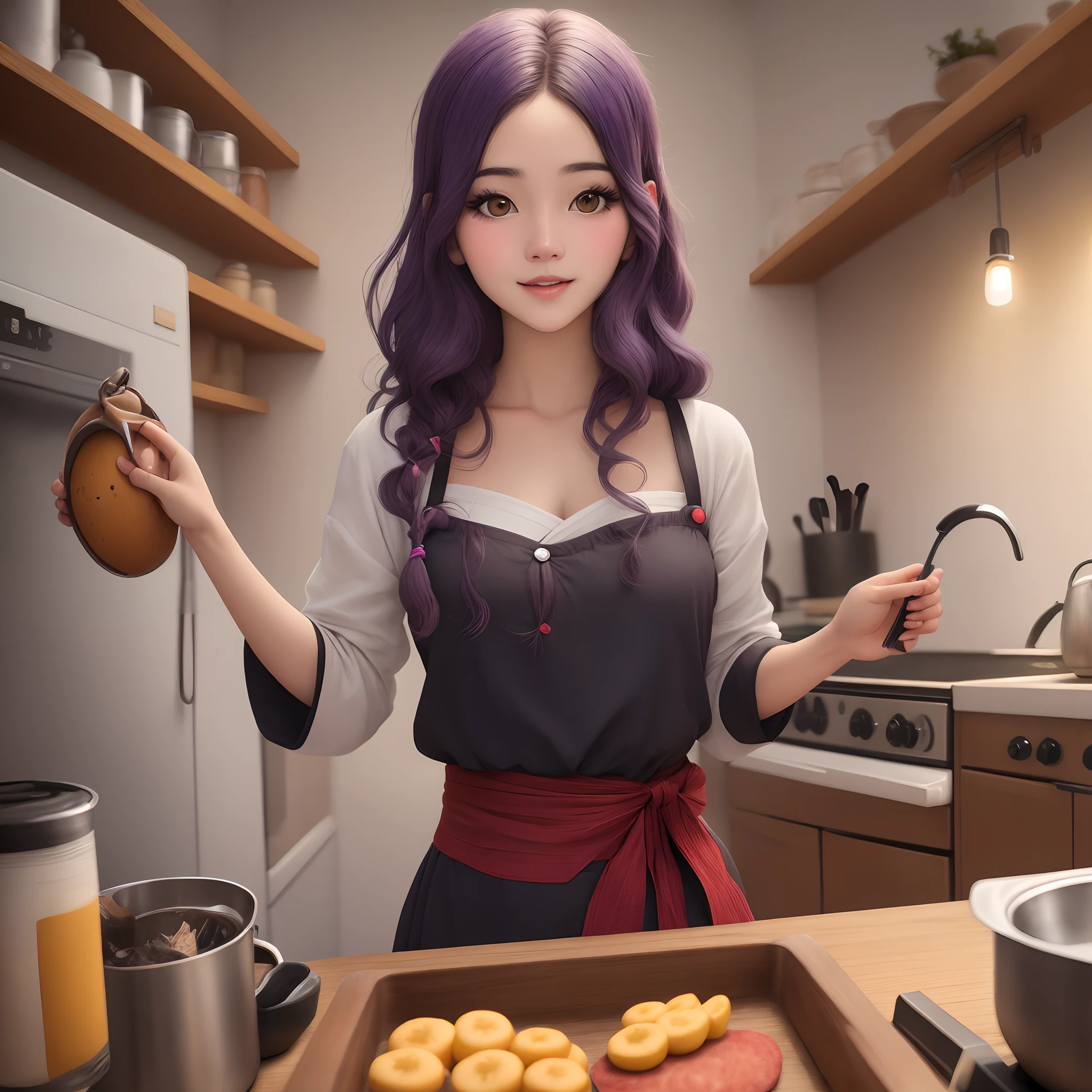 un retrato de cerca de una sirvienta juguetona, cabello recortado, delantal, Amazing body, rasgos femeninos pronunciados, , cocina, cabello morado, flirting with camera,mujer kitsune