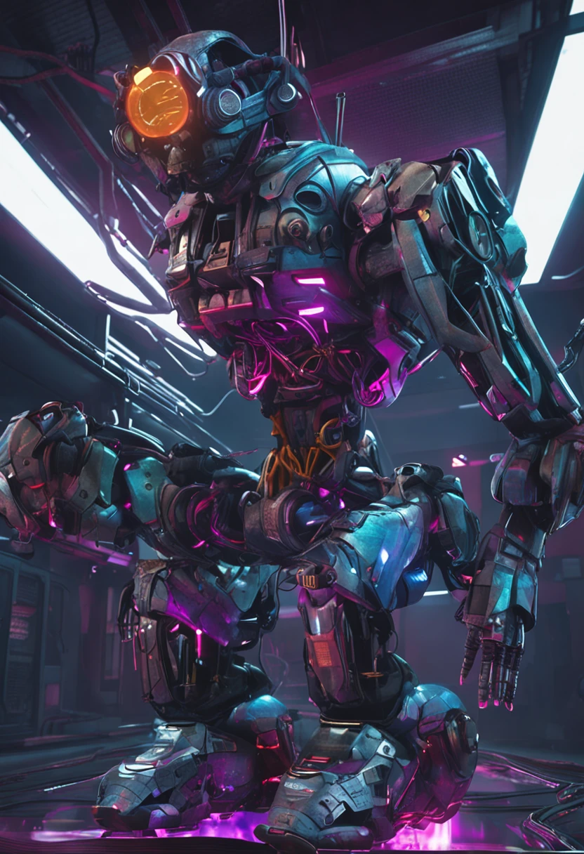 A close up of a robot with a glowing head and arms - SeaArt AI