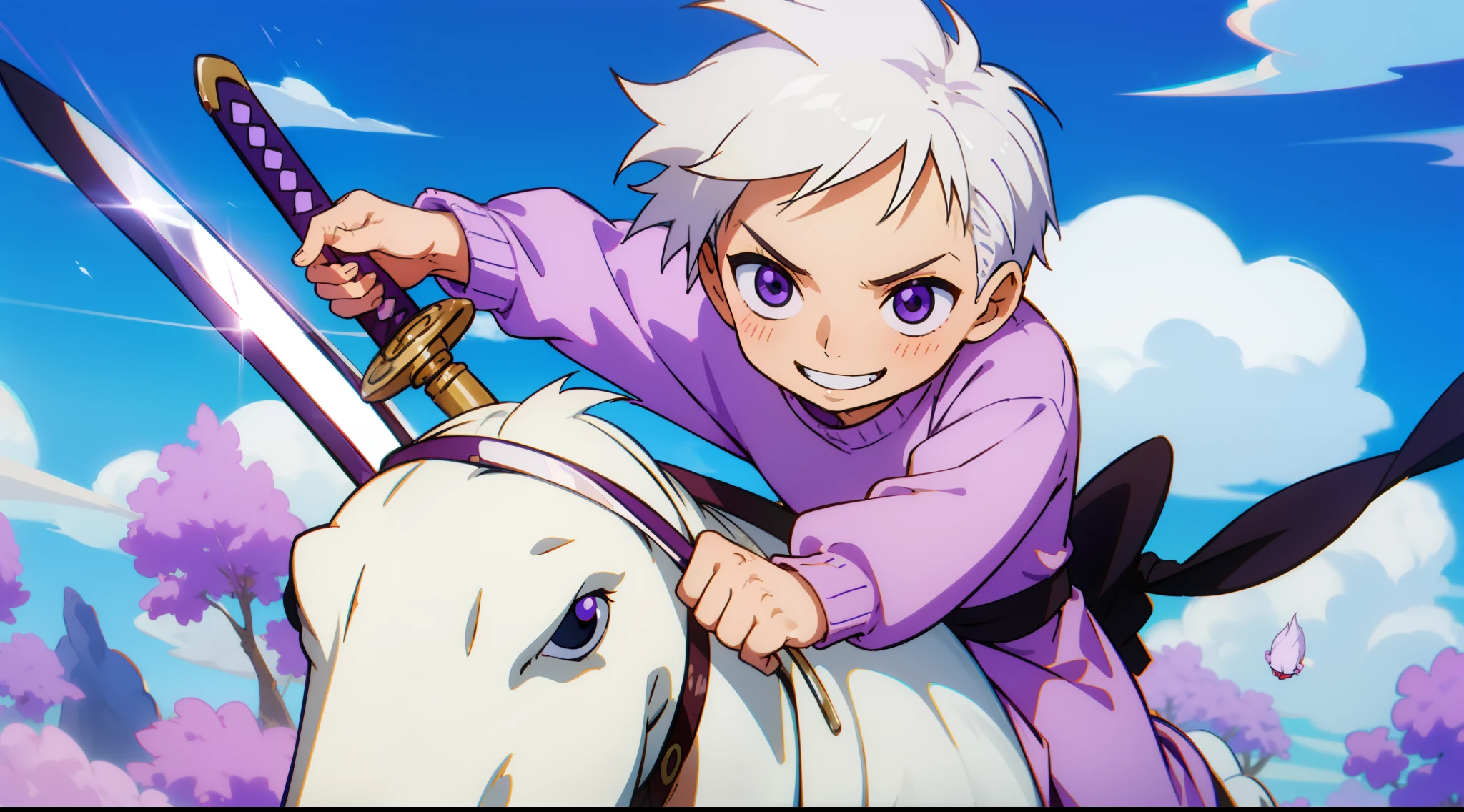 (1Cute white-haired chibi emo boy in purple sweater smiling with two swords riding a horse)