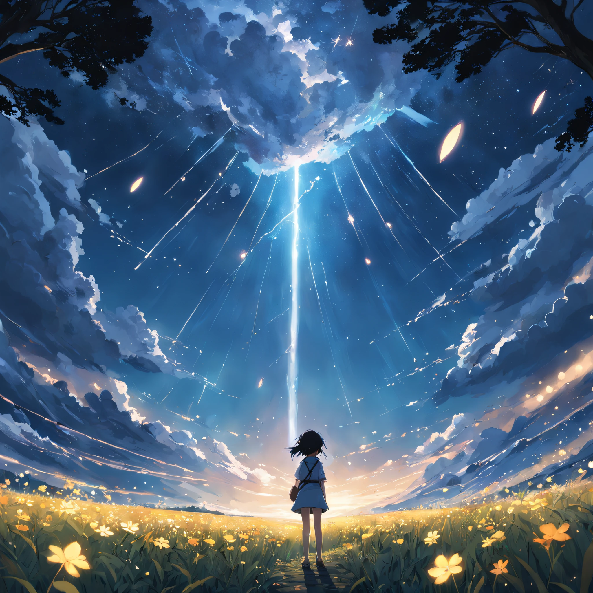 Makoto Shinkai, expansive landscape photograph , (a view from below that shows sky above and open field below), a girl standing on flower field looking up, (full moon:1.2), ( shooting stars:0.9), (nebula:1.3), distant mountain, tree BREAK production art, (warm light source:1.2), (Firefly:1.2), lamp,