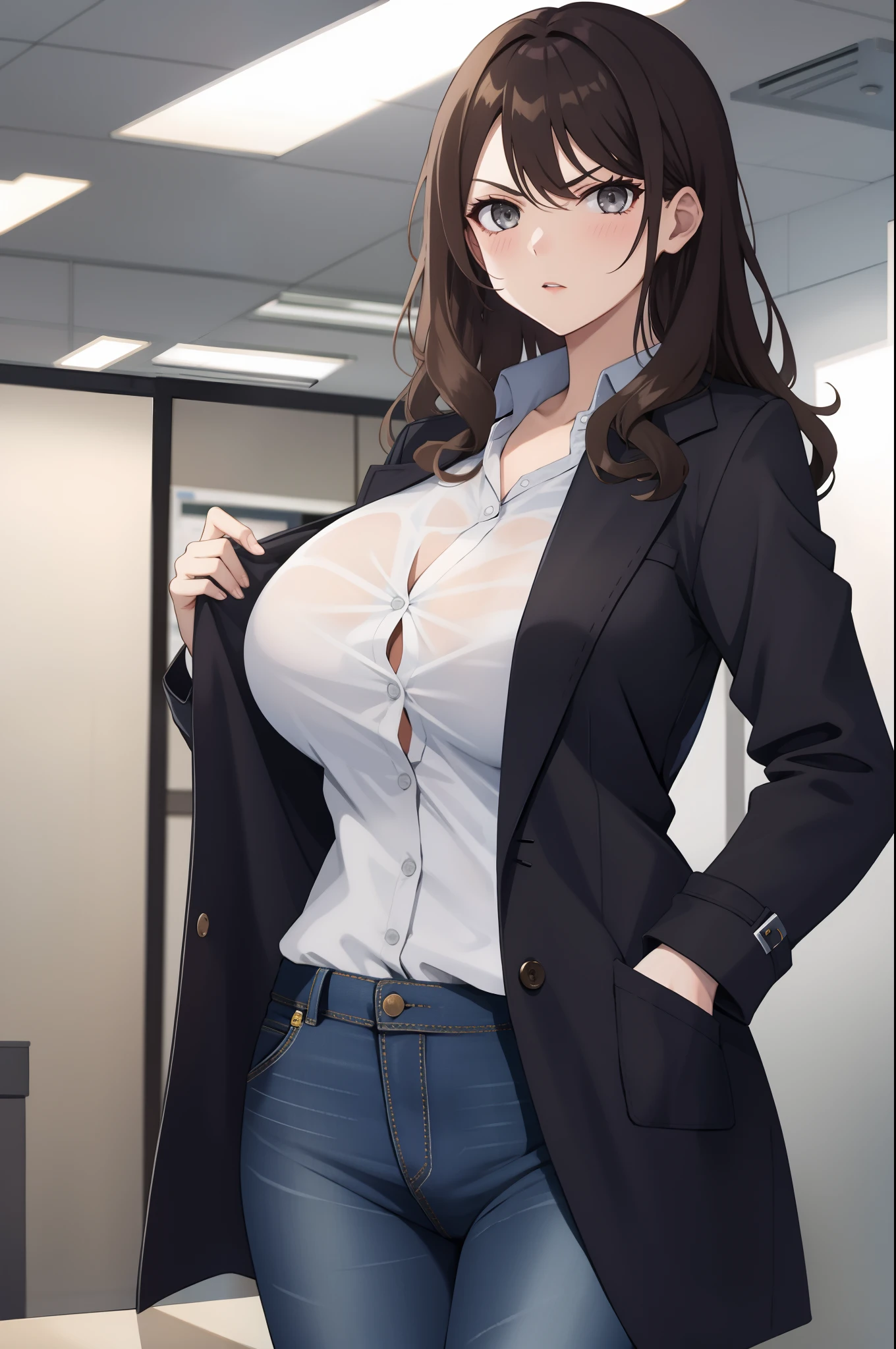 girl, brown hair, wavy hair, grey eyes, big breasts, shirt, open coat, jeans, serious, office