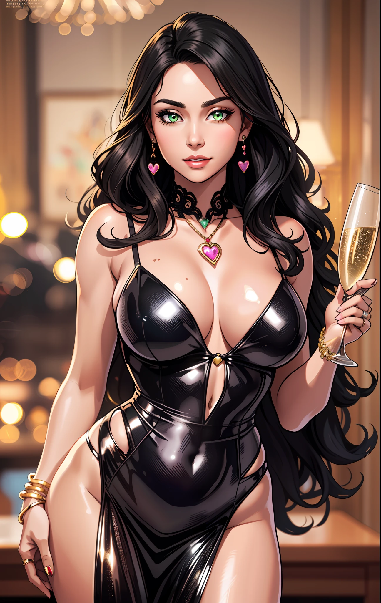 (((A young woman))), the anime, ( Green eyes), (black hair), Nice face, ssmile, the perfect body, Wavy Hair, hairlong, (((morena))), big breastes, ((tmasterpiece, beste-Qualit)), illustartion, ультра детализированная 8k, Photorealistic, sharp-focus, higly detailed, Professional lighting, colorful details, Rainbow colors, Glowing, intricate detials, Vivid details, Business Evening, party, a glass of champagne, Business Reception, evening gown, business dress, Patent leather ball shoes, Patent leather ball shoes, Ornaments, earings, Rings, bangles, Heart-shaped pendant around the neck, A glass of champagne in hand, First Lady, First Lady Costume, Female politician