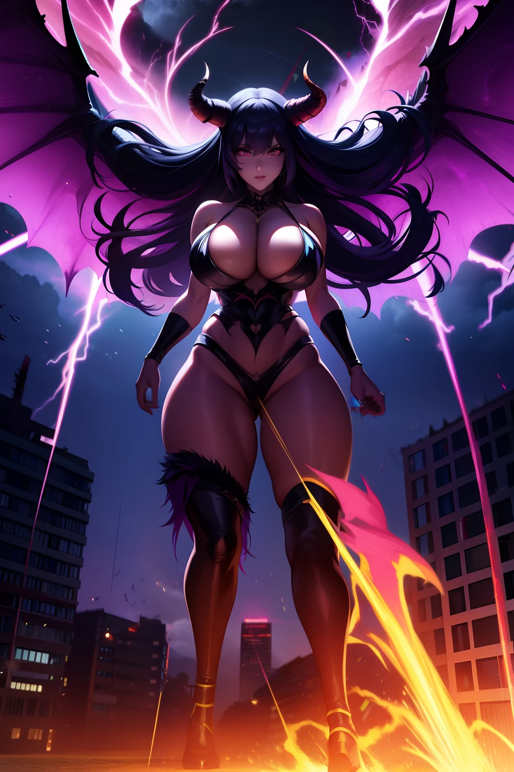 Lisa Ann as a hyper-giant, Hyper-powerful demon with a demon horn on its head and demon wings, and throws purple lightning bolts at a building, ville en ruine post apocalyptique,