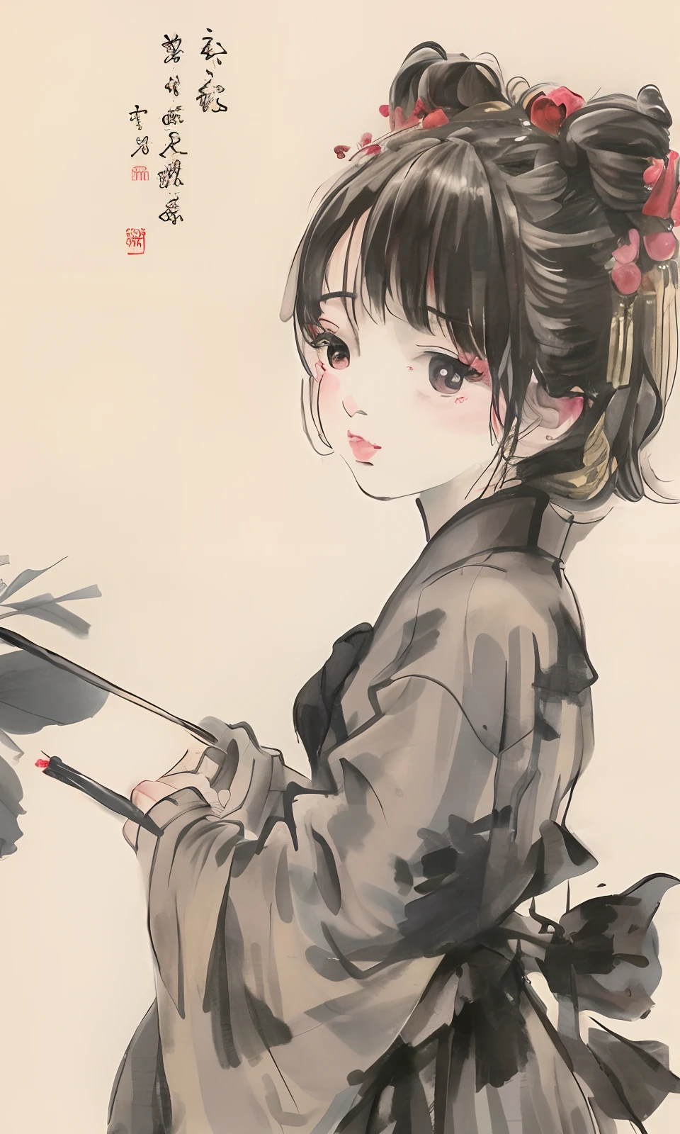 (masterpiece, best quality: 1.2), traditional Chinese ink painting, two children
