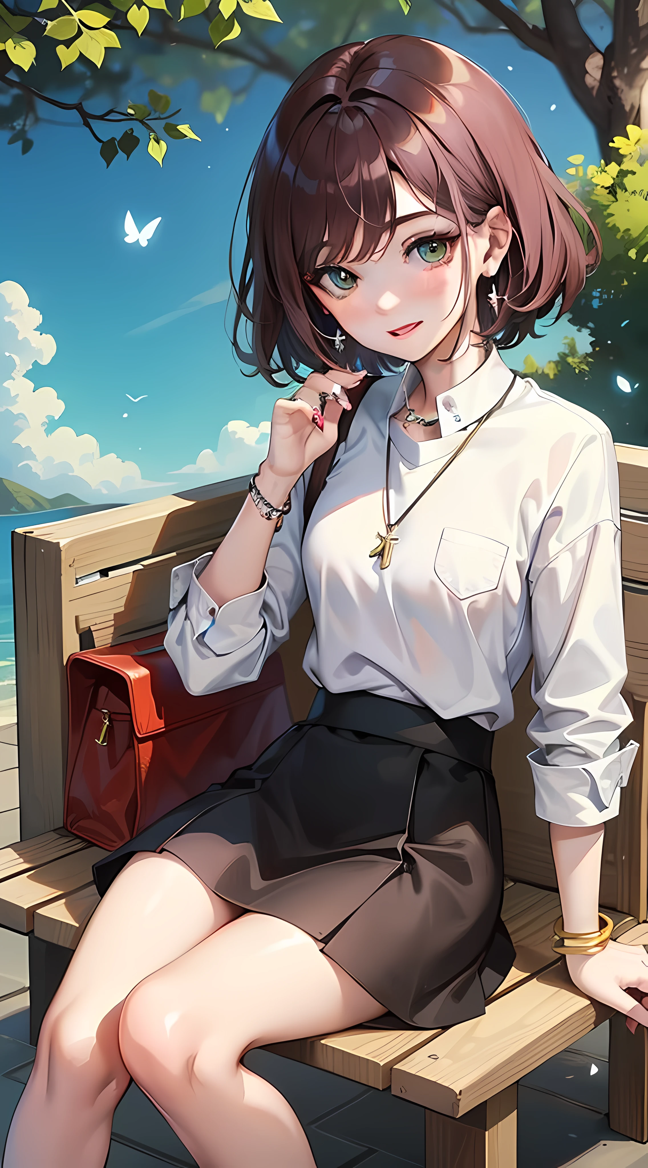 best quality, Ultradetailed:1), young girl, bloom, 1 anime girl , standing , under tree , blue sky , sitting on chair of park  , holding a bad , wearing white snekers , white smooth shirt on top , black skirt red from inside , smiling and blushing , short purple hair , (beliving looks ) green eyes , holding bag with both hand , wearing bracelet at right hand , ring at left hand , small earings , (giving good vibes ) , wearing naruto pendent , ( 5 butterflys around her ) (mature look) ,  - 18 year ,