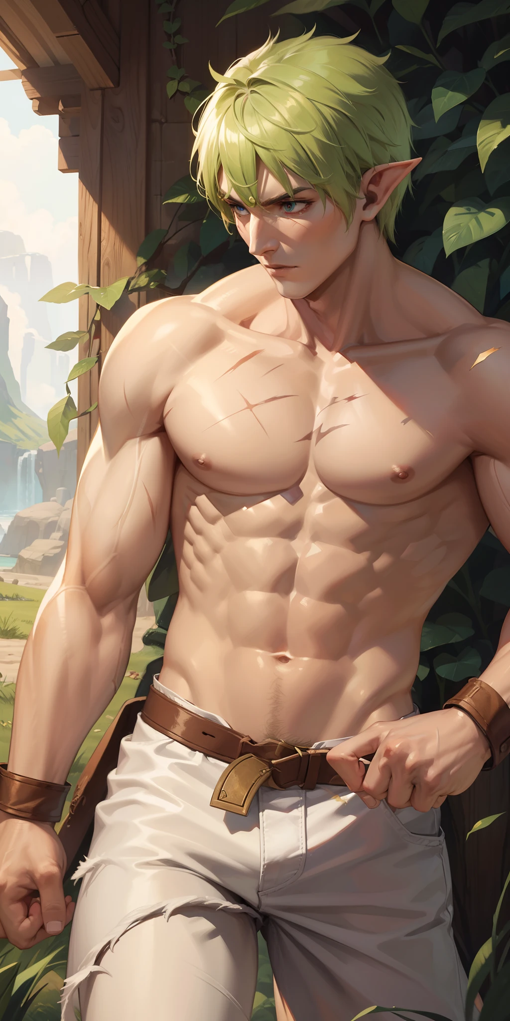 Fighter elf, brave brawler, big scar, male fighter, strong male elf, scar on torso, battle scar on chest,