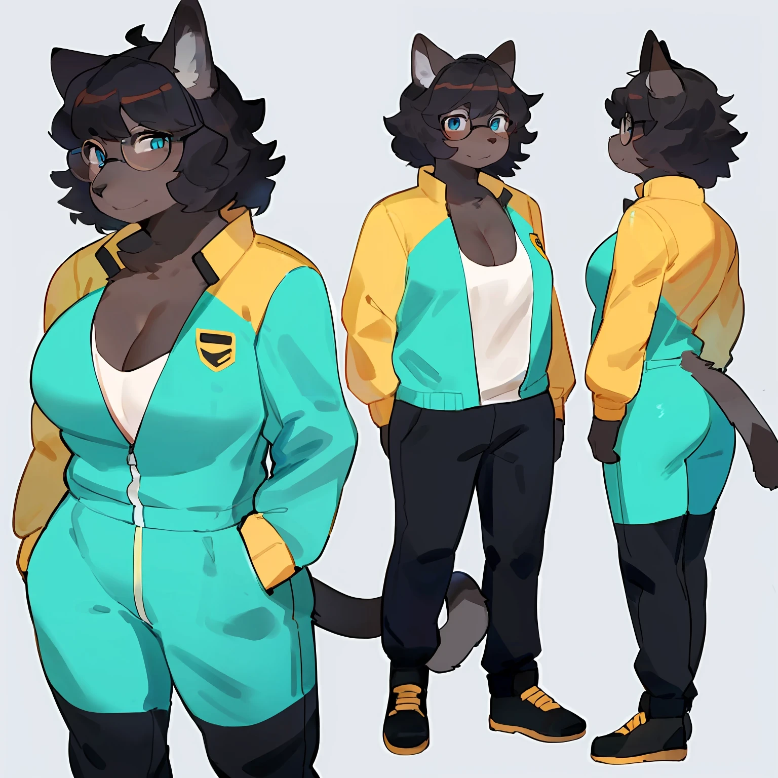 by bebebebebe, by goonie-san, by bigcozyorca, by buta99, solo, female, standing, feline, (((detailed eyes, glasses))), plump, medium hair, ((snout)), tail, smoky colored fur, grey fur, dark fur, black hair, ((wavy hair, short hair, swept fringe)), blue eyes, blue, black and yellow spacesuit
