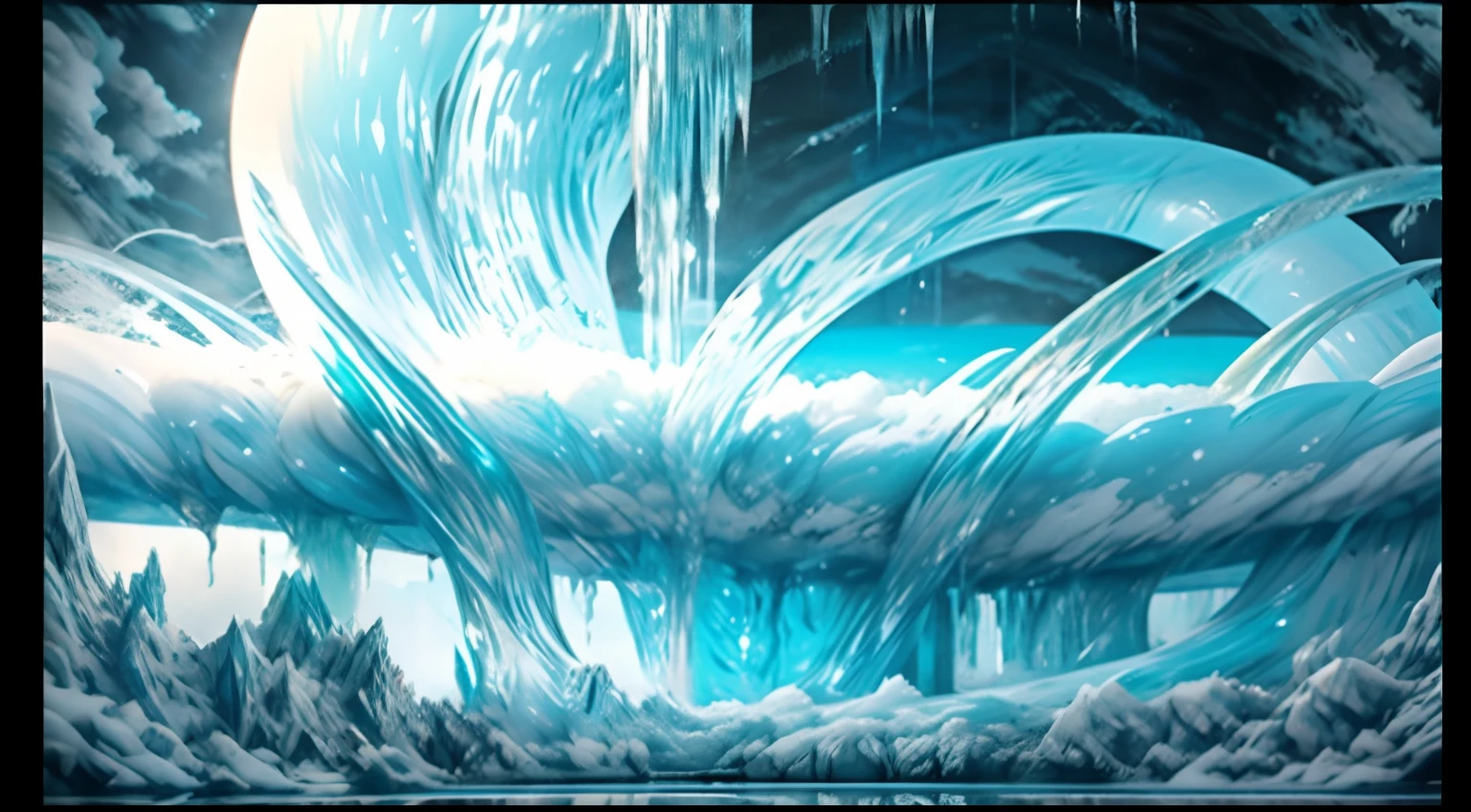 Many huge icicles descend from the clouds,Contact the surface of the lake,Alien Chaos landscape,
