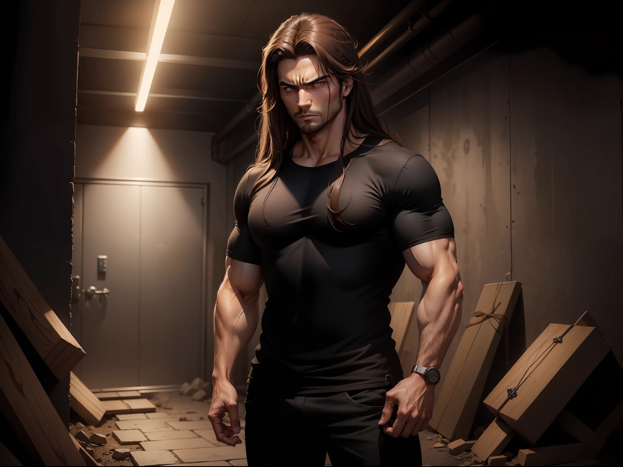 Realistic 8k image of handsome, strong man, 25 years old, long brown hair, brown eyes, angry expression, dressed in simple black casual shirt, standing in dimly lit underground dungeon, anime-style art