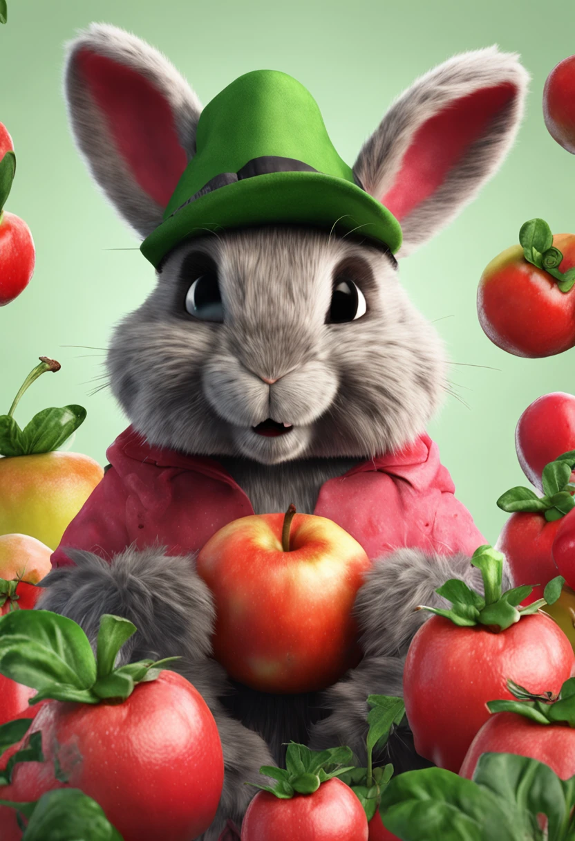bunny, realistic, furry animal, apple, black eye, blush, cherry, food, fruit, full body, hat, inhuman, strawberry, tomato, watermelon