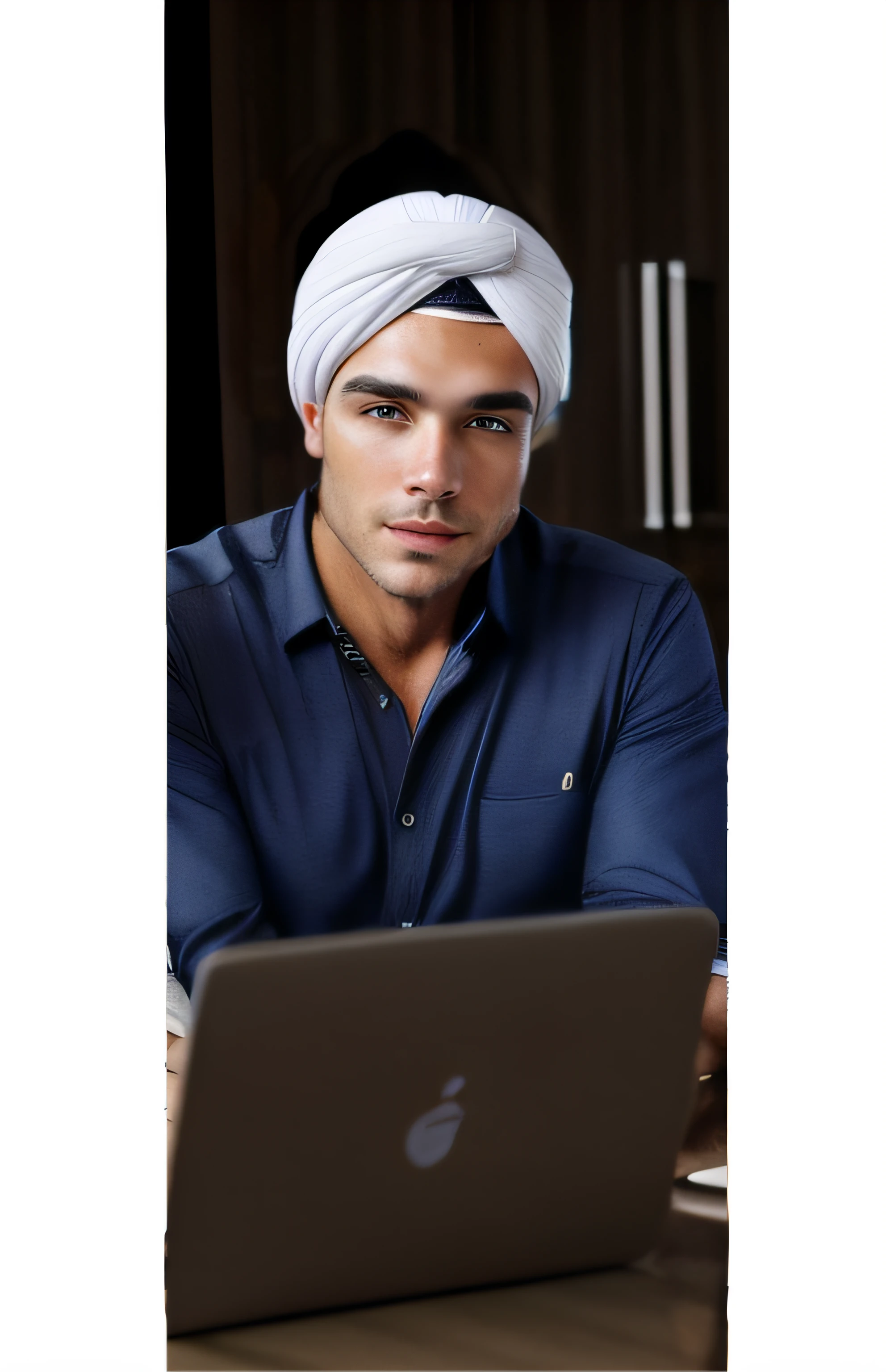 White man with Arab features wearing a medieval turban on his head