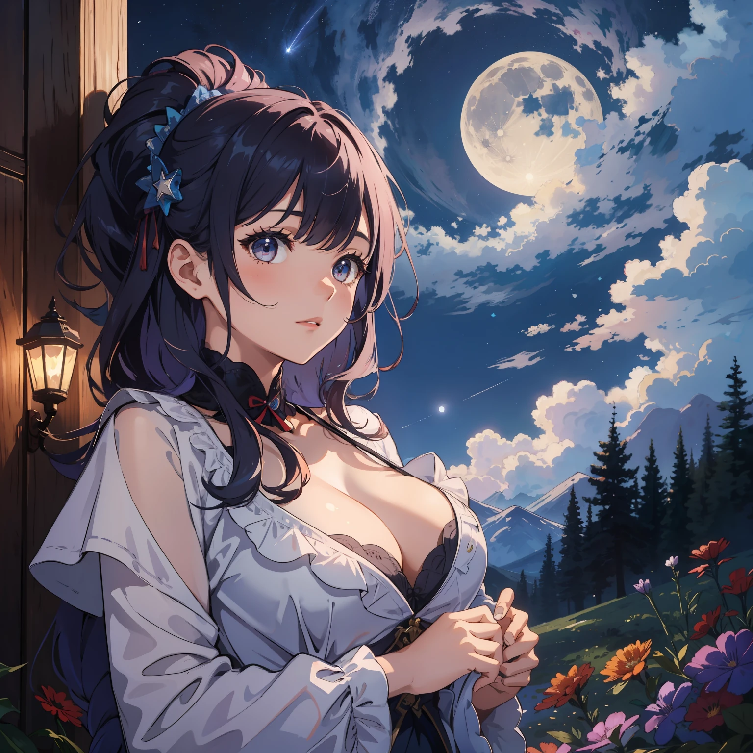 Masterpiece, Best Quality, , cowboy shot, 1girl, Solo, Night Sky, Outdoor, Moon, Stars, Clouds, Wind, Medium Hair, Cleavage, Tree, Night,