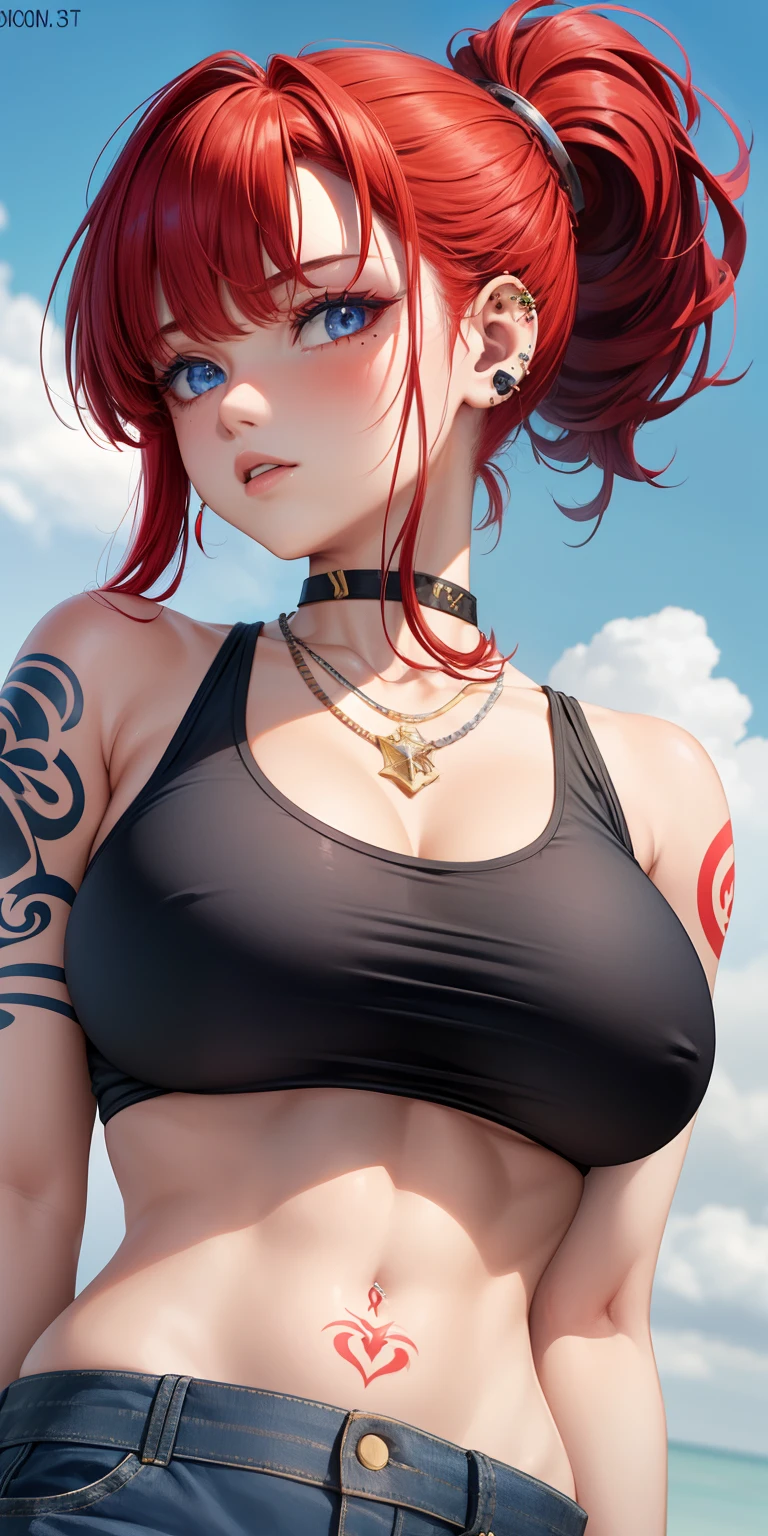 1 girl, solo, only one girl ,red hair, short ponytail, blue eyes, crop top, bare shoulders, necklace, piercings, big boobs,belly tattoo,Hand tattoo