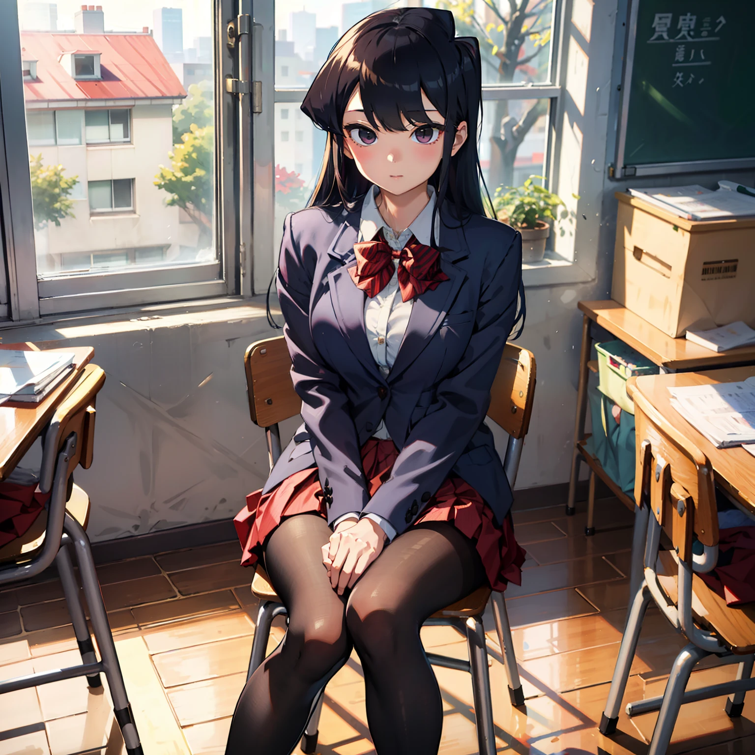 komiShouko, masterpiece, best quality, absurdres, 1girl, looking at viewer, v arms, pantyhose, classroom, school uniform, red skirt, red bow, blazer, window, sitting, chair, crowd