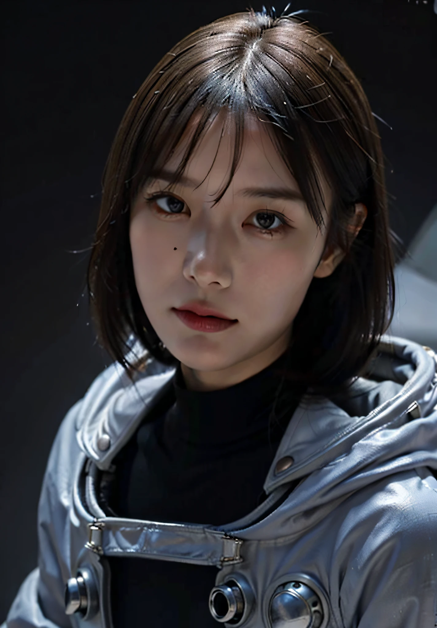 Highest image quality, outstanding details, ultra-high resolution, (realism: 1.4), ((close up:1.3, from front, looking at viewer)), the best illustration, favor details, highly condensed 1girl, (cyberpunk,cybprg), a delicate and beautiful face, (short hair), (wearing baggy spacesuit with metal-ring-helmet-disconnecter, attached black and gray mecha, spacesuit-globes, yellow pipes and codes, flanges on spacesuit), (mark:radioactivity-hazard-symbol), ((revealed only head)), ((smile:0.75)), inside nobody spacestation platform