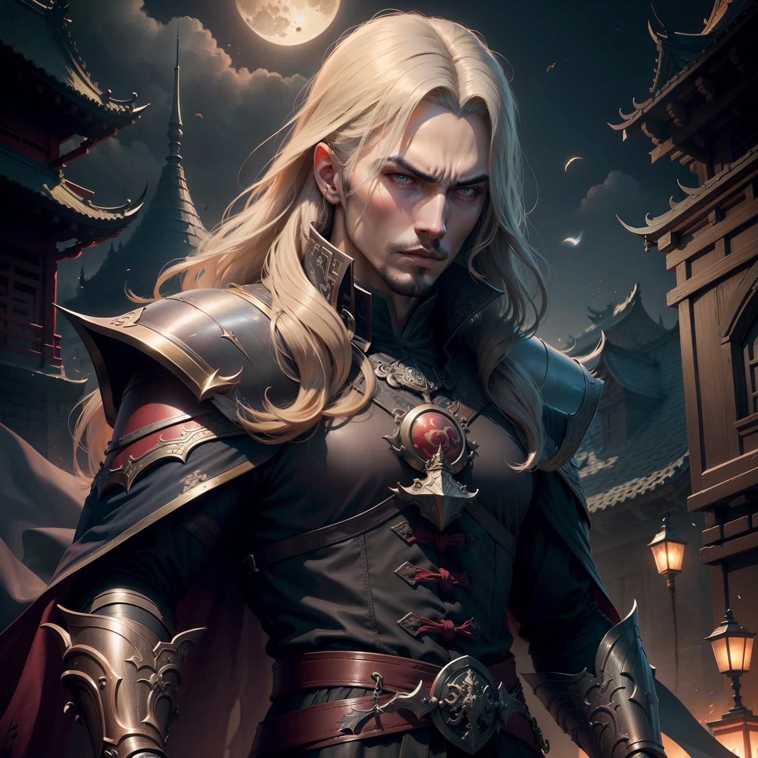 Legendary Castlevania Lord of Shadows chinese style portrait hyper realistic super detailed Dynamic pose Moon behind