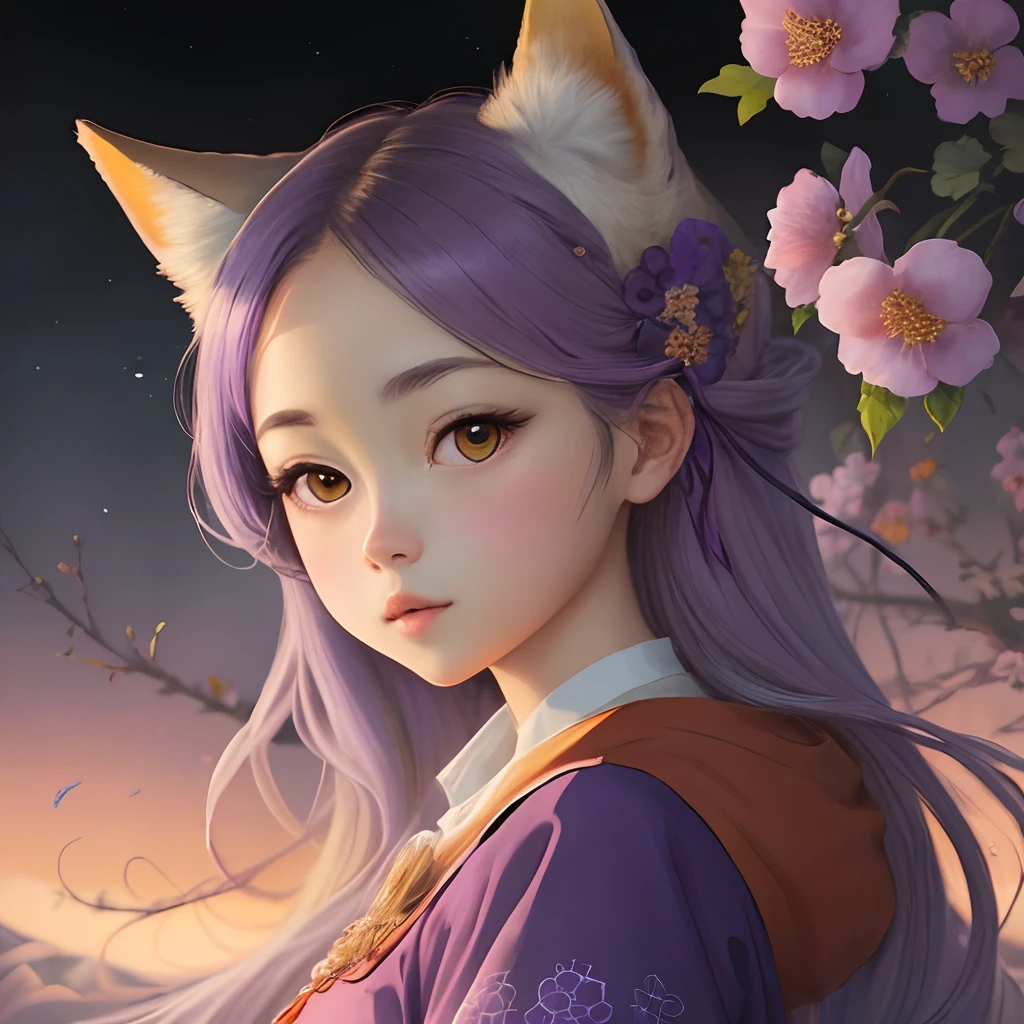 Estilo Menera, por Ernst Haeckel, Exquisite illustration of a girl with purple flowers, anime, Pixiv, Chica kawaii, Mirando hacia adelante, kitsune morada