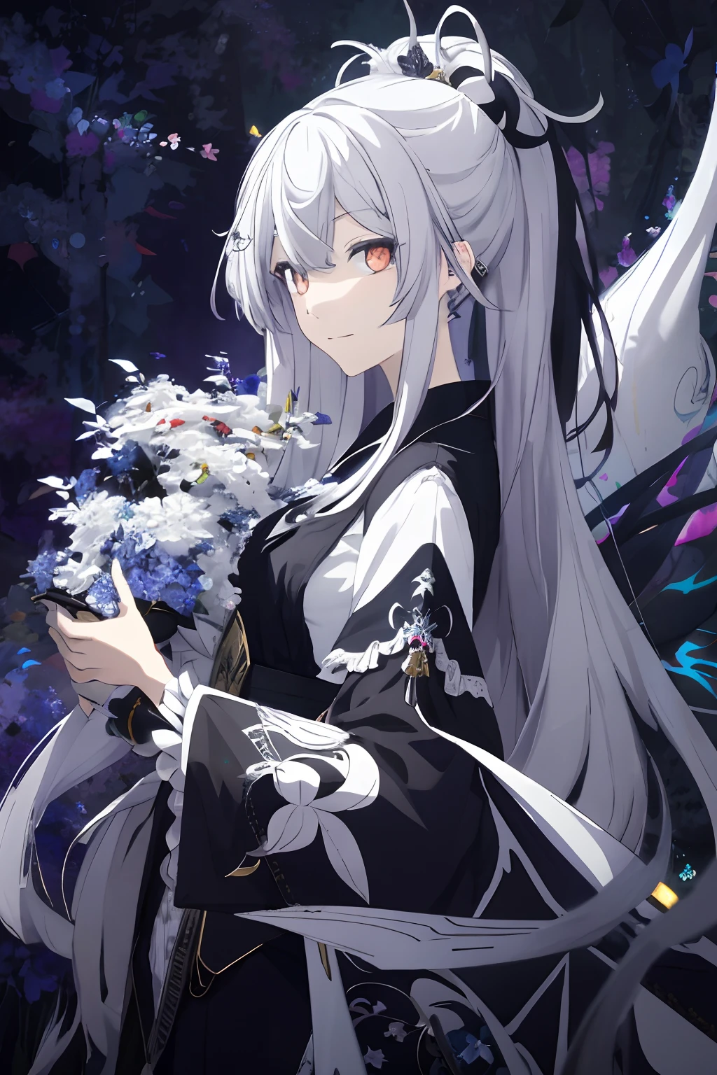 realisticlying、Masterpiece quality、best qualtiy、offcial art、Beauty and aesthetics：1.2、Very detailed fractal art、Colorful abstract background、Kizi、Kamimei、long whitr hair、 White eyes、Mysterious magic、Light and dark girl，Black and white color scheme，cinematric light